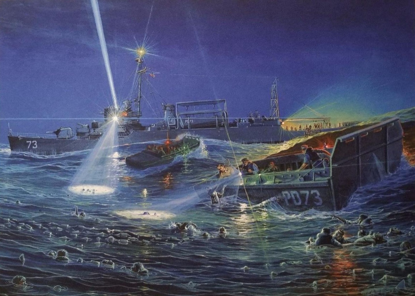 You know the tragedy of USS Indianapolis. But do you know the miracle of her rescue?
On the morning of August 2, 1945, after nearly five unimaginable nights in the sea, hope arrived from above.
Lt. Wilbur “Chuck” Gwinn wasn’t searching for Indianapolis. He was flying a routine patrol in a PV-1 Ventura bomber when a trailing antenna malfunctioned. As he climbed into the back of the aircraft to repair it, he looked out one of the gun blisters and spotted a massive oil slick.
As Gwinn circled overhead, dozens became hundreds, spread across nearly 25 square miles of open ocean.
Nobody even knew Indianapolis was missing.
Knowing rescue ships were still hours away, Lt. Adrian Marks landed his PBY Catalina in the open ocean, rescuing more than 50 men and even securing survivors to the wings when there was no more room inside.
Hours later, Lt. Cmdr. W. Graham Claytor Jr., commanding USS Cecil J. Doyle, risked his own ship by turning its powerful searchlight toward the sky, giving the men in the darkness something they hadn’t had in days:
Hope.
By sunset on August 3, 320 men had been pulled alive from the sea. Four later succumbed to their injuries, leaving 316 survivors from Indianapolis’ final crew of 1,195.
The rescue of USS Indianapolis is one of the greatest, yet least known, rescue stories of the Second World War.
The men who came home spent the rest of their lives ensuring the 879 shipmates who never returned would never be forgotten. Without them, we would never truly know what happened in the waters of the Philippine Sea.
The rescue of Indianapolis is not a footnote to her story. It is one of its greatest chapters.
Painting by Mark Churms
#ww2 #USSIndianapolis #rescue #jaws #history