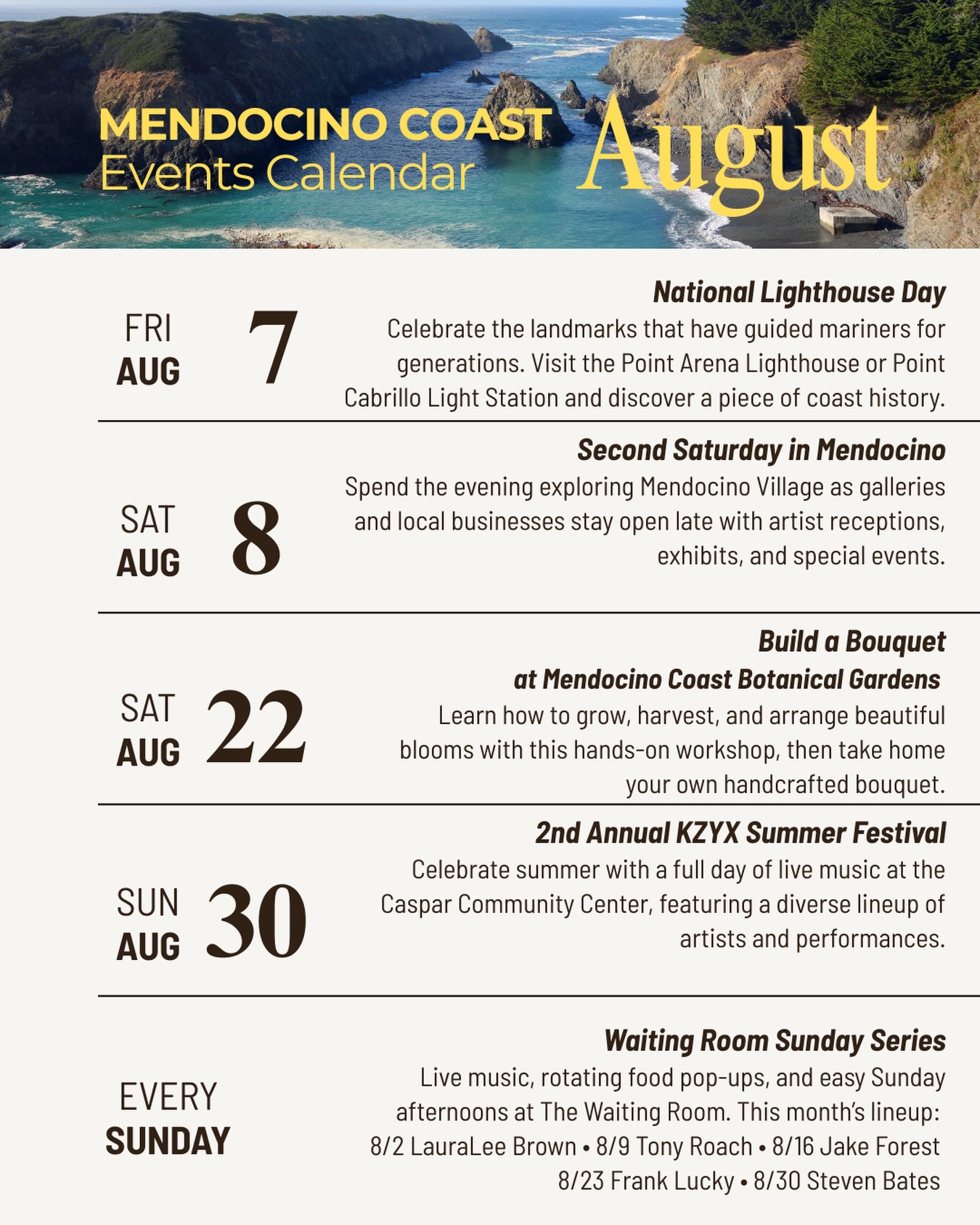 A little taste of August on the coast ☀️
Late summer is here, bringing sunny days, live music, garden gatherings, coastal adventures, and plenty of reasons to spend time outside. From lighthouse visits to Sunday afternoons at The Waiting Room, we hope to see you around town this month.
#August #Mendocino #CaliforniaCoast #SmallTown #Community