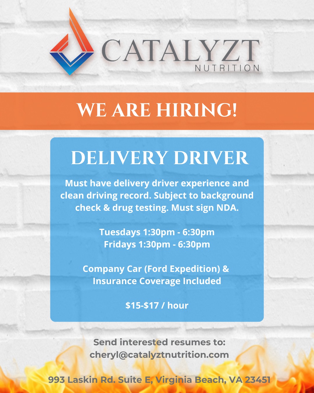🚚 We're hiring a Delivery Driver!
Catalyzt Nutrition is looking for a dependable, experienced driver to help deliver fresh, chef-prepared meals throughout the Virginia Beach community.
If you have delivery driving experience, a clean driving record, and enjoy providing excellent customer service, we'd love to hear from you!
Position Highlights:
🚗 Company vehicle provided (Ford Expedition)
✅ Insurance coverage included
📅 Tuesday & Friday afternoon shifts
💲 $15–$17/hour
This role requires:
• Previous delivery driving experience
• Clean driving record
• Background check & drug screening
• NDA agreement
Join a team that's passionate about helping people fuel healthier lives through quality nutrition and exceptional service.
📧 Send your resume to cheryl@catalyztnutrition.com
📍 Catalyzt Nutrition
993 Laskin Rd. Suite E
Virginia Beach, VA 23451
#VirginiaBeachJobs #DeliveryDriverJobs #HiringNow #VirginiaBeachCareers #CatalyztNutrition