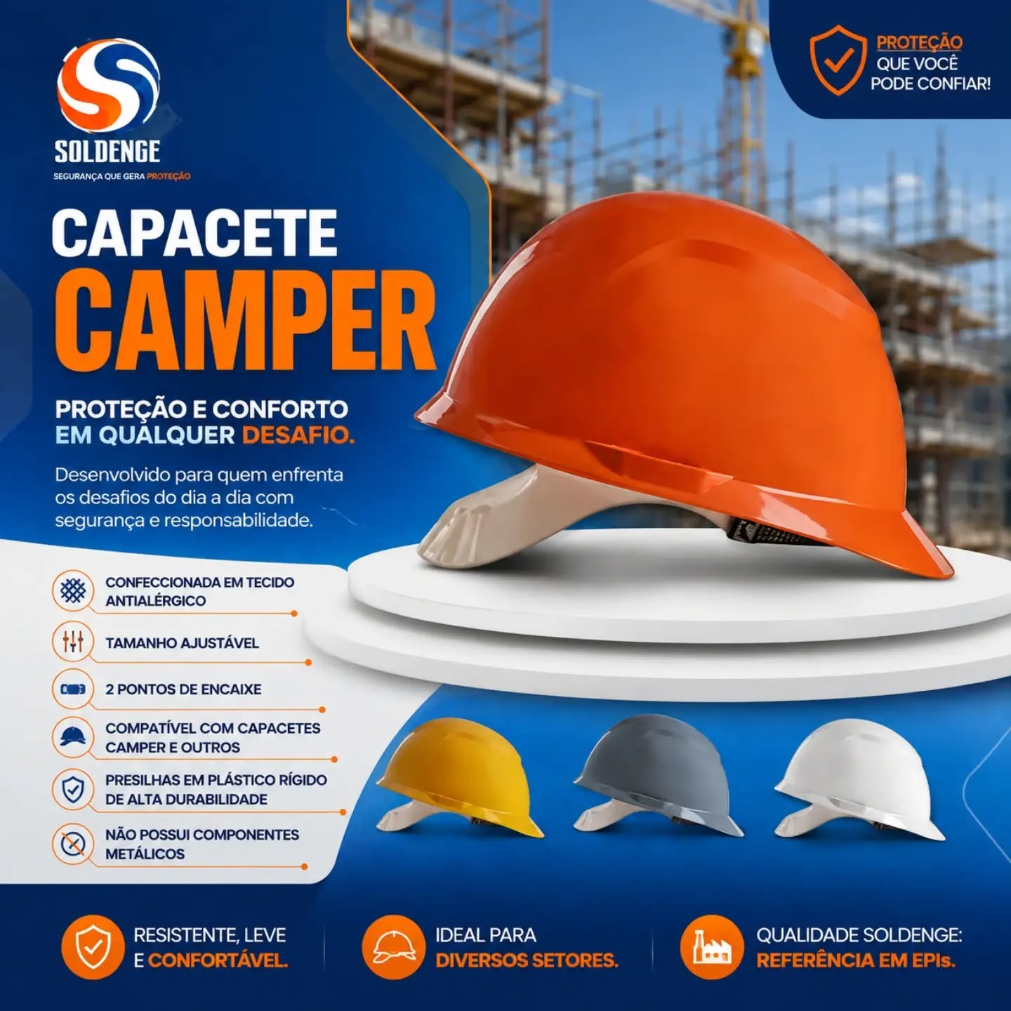 🦺 Proteção começa pela cabeça. Escolha um capacete em que você pode confiar.
No dia a dia da obra, da indústria ou da manutenção, cada detalhe faz diferença. O Capacete Camper foi desenvolvido para oferecer proteção, conforto e praticidade durante toda a jornada de trabalho.
✔️ Confeccionado em tecido antialérgico
✔️ Tamanho ajustável para melhor encaixe
✔️ Compatível com capacetes Camper e outros modelos
✔️ Presilhas em plástico rígido de alta durabilidade
✔️ Sem componentes metálicos
Um EPI de qualidade não apenas atende às normas. Ele proporciona mais conforto para que o trabalhador permaneça protegido do início ao fim da atividade.
Na Soldenge, você encontra equipamentos confiáveis para proteger quem faz o trabalho acontecer.
📲 Entre em contato conosco e consulte a disponibilidade do Capacete Camper.
#Soldenge #CapaceteDeSegurança #EPIs