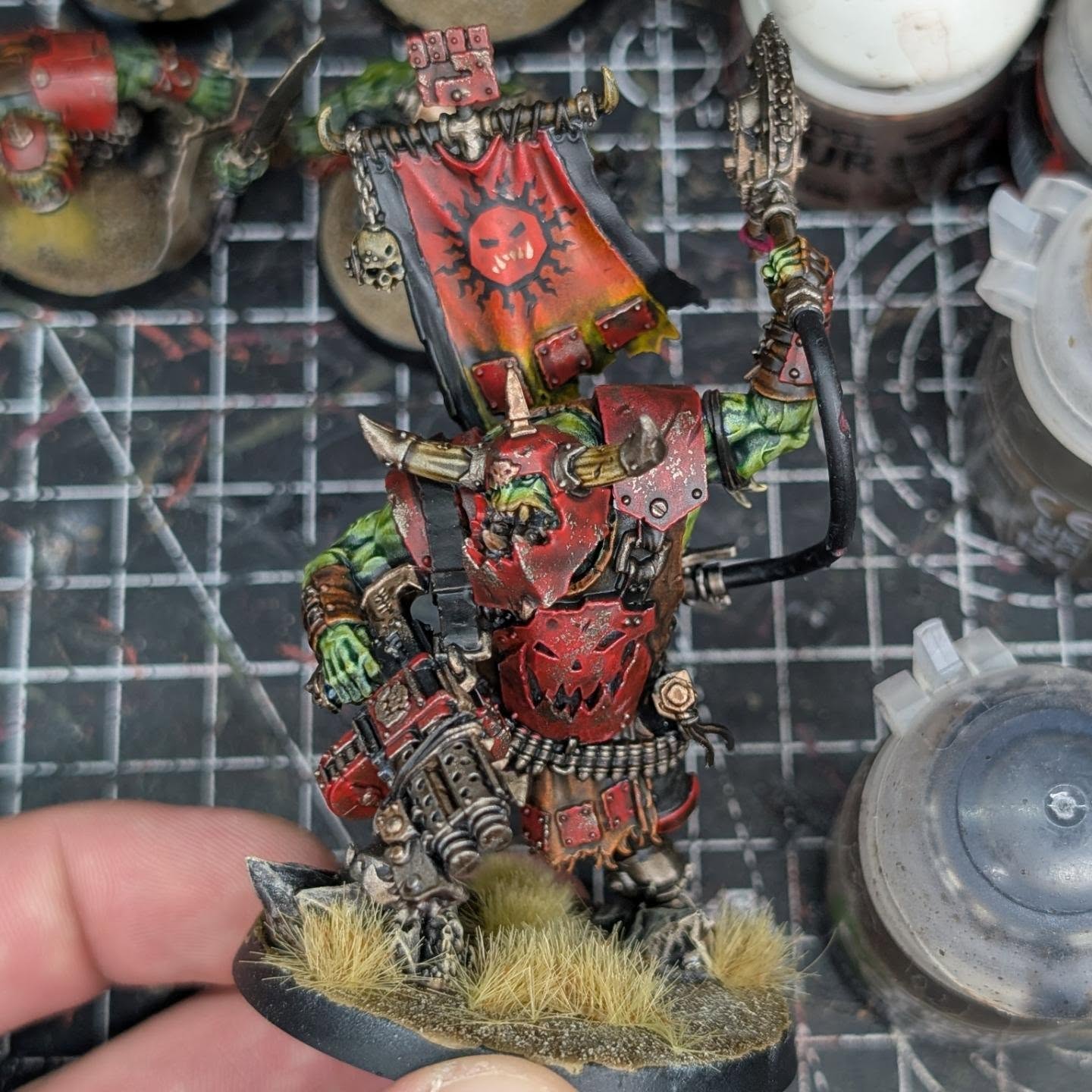 With the transfers and basing all figured out, here's the biggest nob of the nobs on my painting desk (and I'm not even being mean to myself). Is he even a nob? I'll be honest, I'm a little rusty when it comes to ork knowledge, to know what is and isn't a nob. Is he a nob boss? What does it even mean to call them a nob? Right answers only please