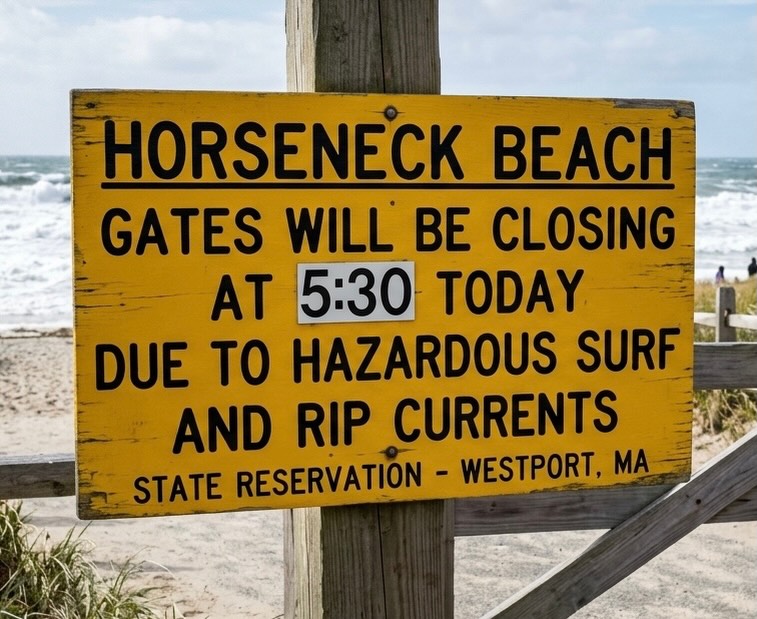 August 4, 2026 - 3:30 PM
DCR has asked us to pass along the following message:
HORSENECK BEACH GATES WILL BE CLOSING
AT 5:30 TODAY DUE TO HAZARDOUS SURF AND RIP CURRENTS.
#westportma
#horseneckbeach