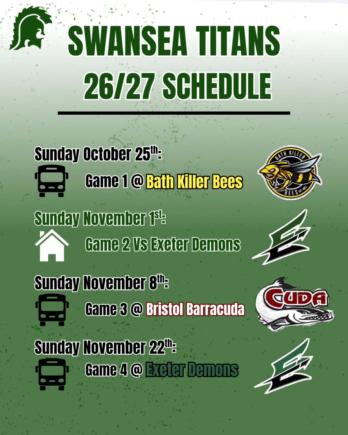 The Swansea Titans' schedule as we return to Division 1 for the 26/27 @bucssport American football season
@swanseaunisport
@swanseasu
@susuvpsports