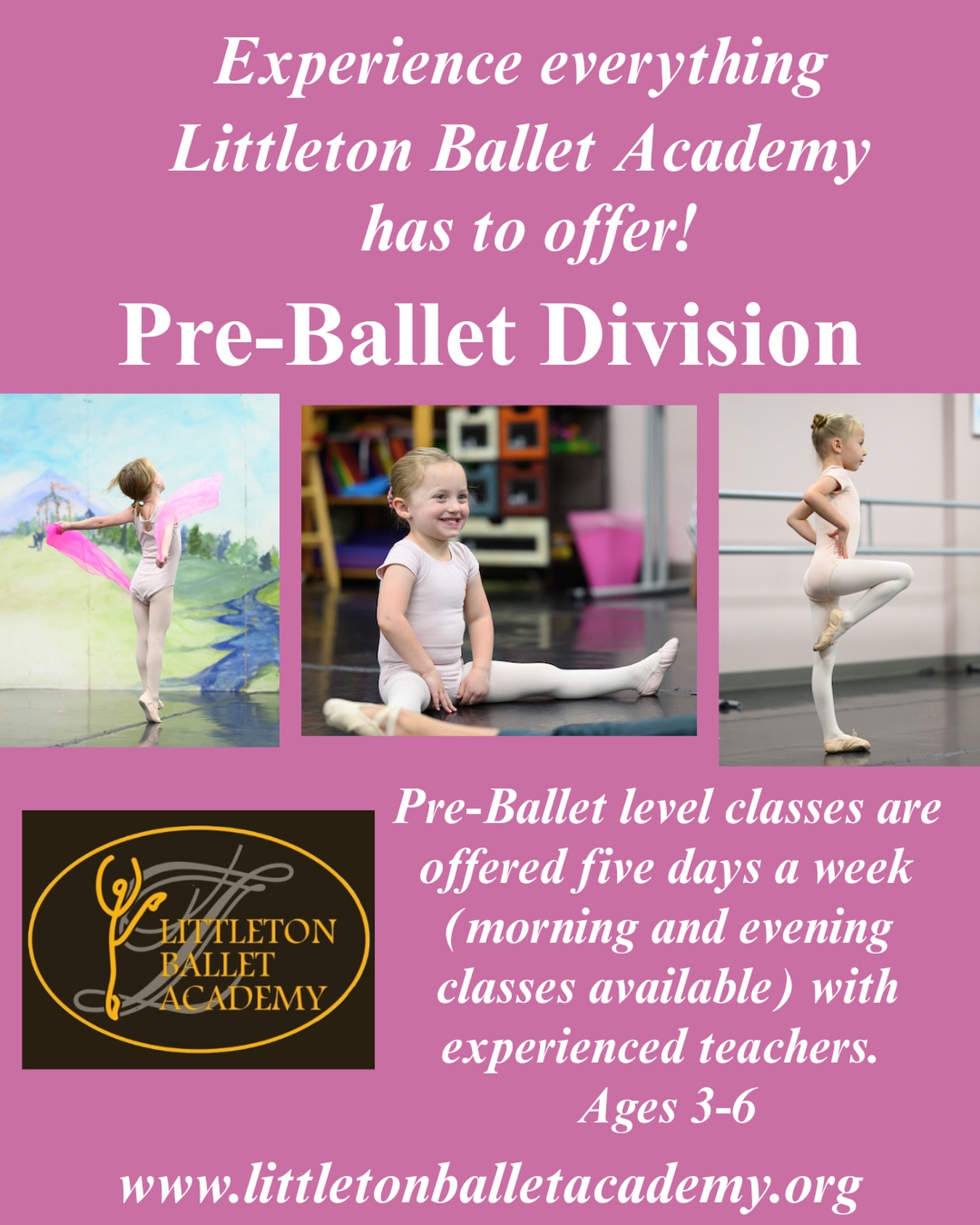 Now enrolling for fall! Classes start Monday, August 17th! Join an amazing community of dancers, teachers, and families! We’d love to have you join us and take a free trial class!
www.littletonballetacademy.org