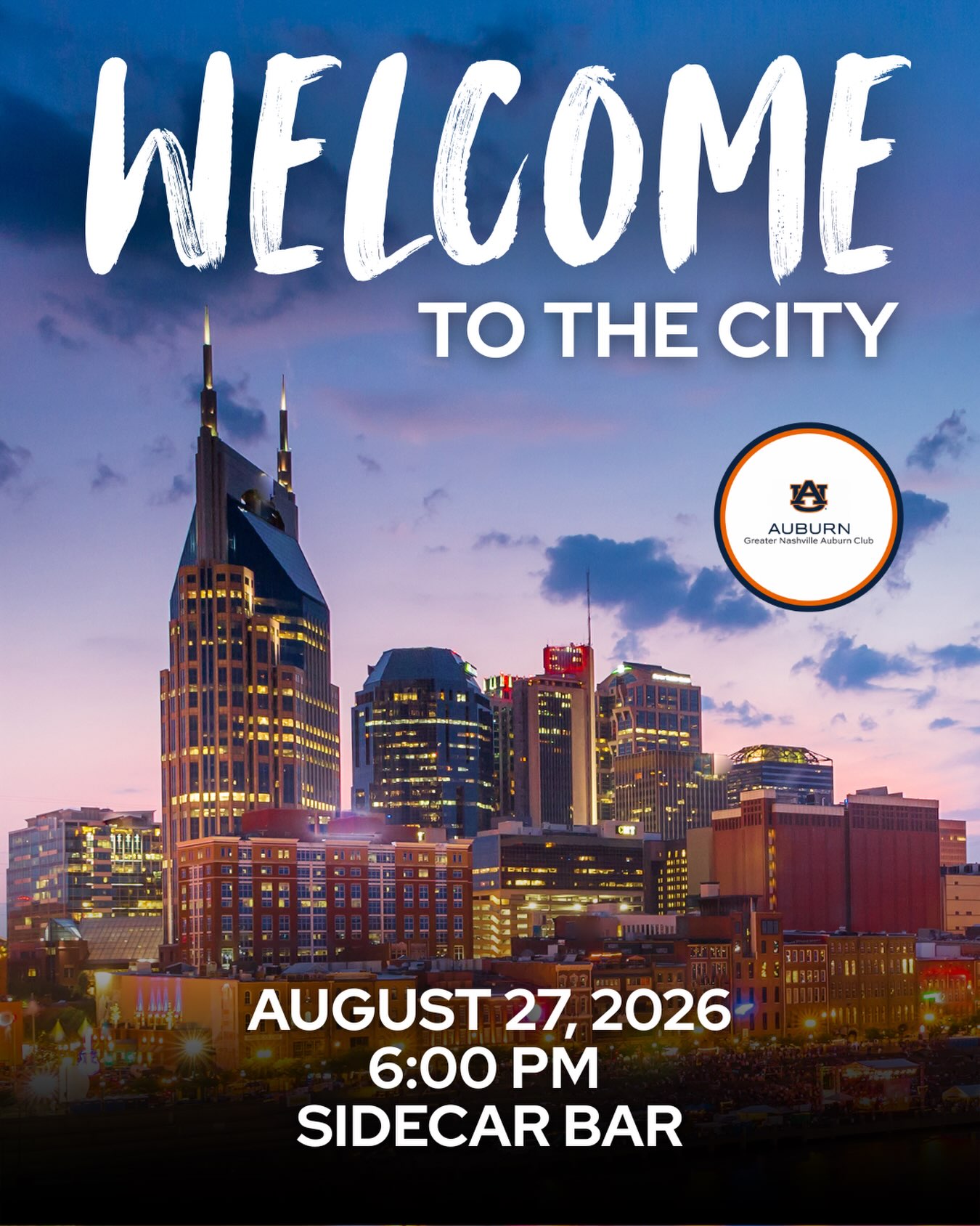 Just graduated? New to Nashville? Need more Auburn friends? The Greater Nashville Auburn Club is here to help!
Join GNAC at our annual Welcome to the City event on August 27 at 6:00 PM. Enjoy food and drinks at @sidecarbarnash with other Auburn Alumni and get involved with the Auburn Family in Nashville, AKA: Auburn North!