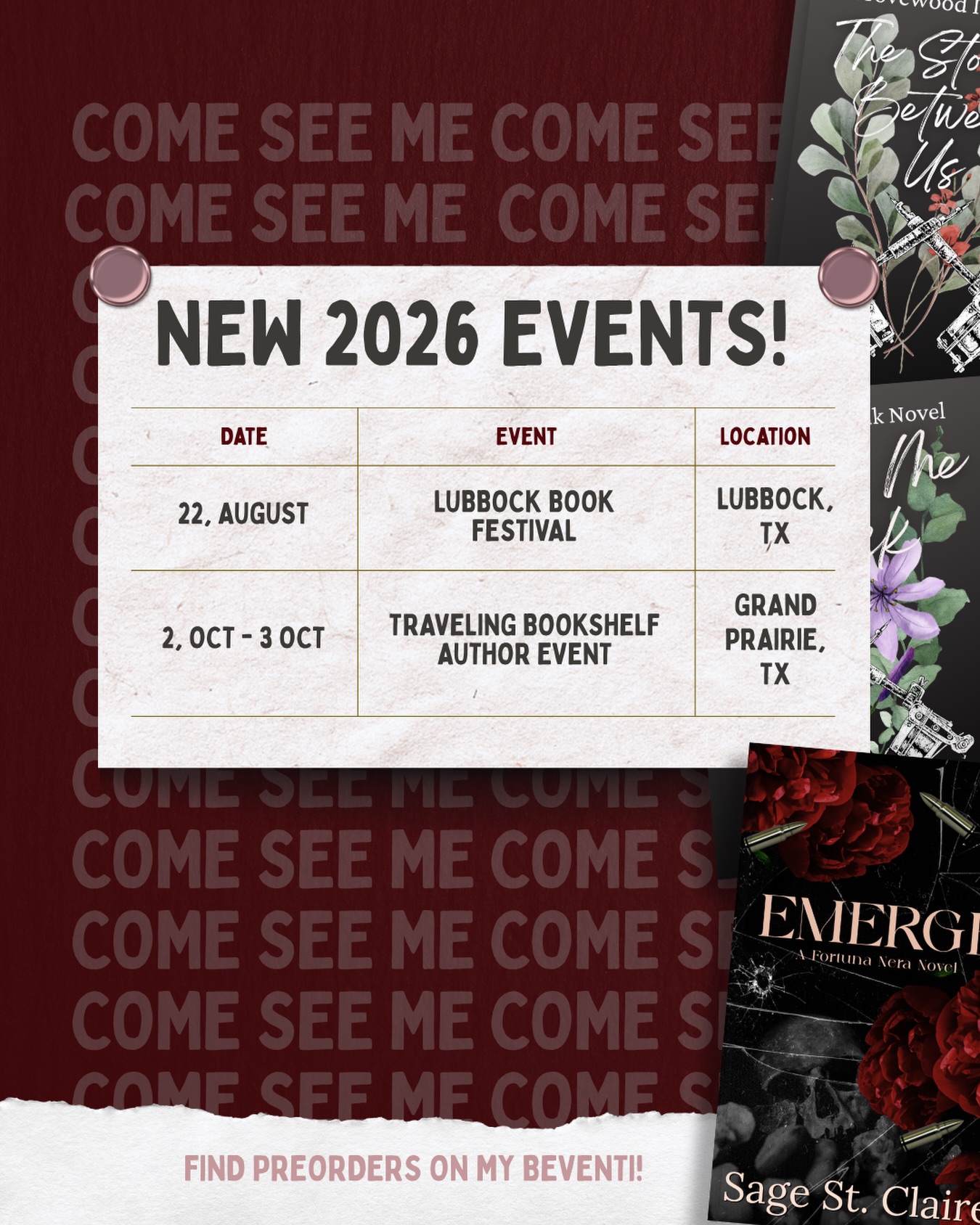 I’ve added a few more stops to my signing circuit this year!! I can’t wait to see you all in Lubbock and Grand Prairie!! 🙌🏼🖤
I will have a preorder open for TBS for just a few weeks so grab those deals while you can!!