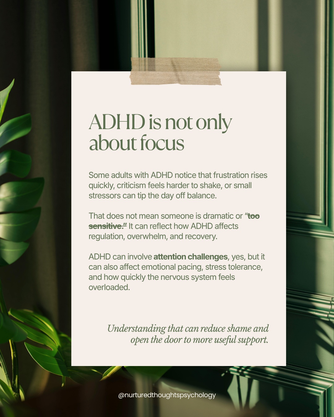 Some adults come to ADHD assessment expecting to talk about focus, then realise the harder part to explain is what happens when something small goes wrong.
A comment feels harder to shake than it “should”. Frustration rises quickly. A minor change in plan throws off the whole day. Even when the situation passes, the nervous system can take much longer to settle.
This does not mean someone is too sensitive, careless, or bad at coping. For some adults with ADHD, emotional regulation, overwhelm, stress tolerance, and recovery can be just as important as attention and concentration.
Understanding this matters because self criticism usually does not create better support. It often just adds shame to something that already feels difficult.
An ADHD assessment can help clarify the full picture and identify what kind of support may be useful.
Learn more here:
https://www.nurturedthoughtspsychology.com.au/adhd-assessments