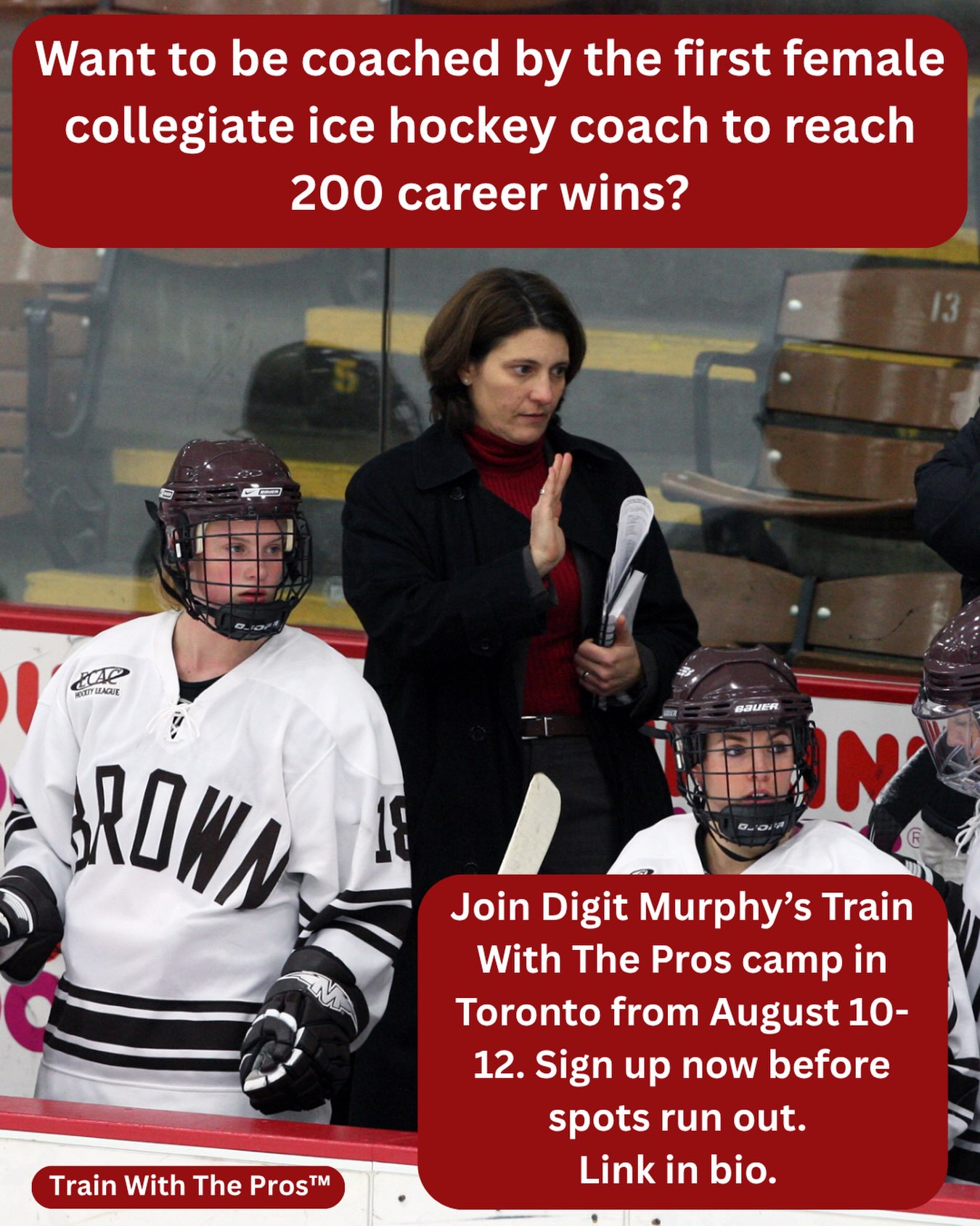 Want to be coached by the first female collegiate ice hockey coach to reach 200 career wins? Sign up now to join Digit Murphy’s Train With The Pros camp in Toronto from August 10-12. Sign up now before spots run out. Link in bio.
#hockeycamp #girlshockey #toronto #digitmurphy