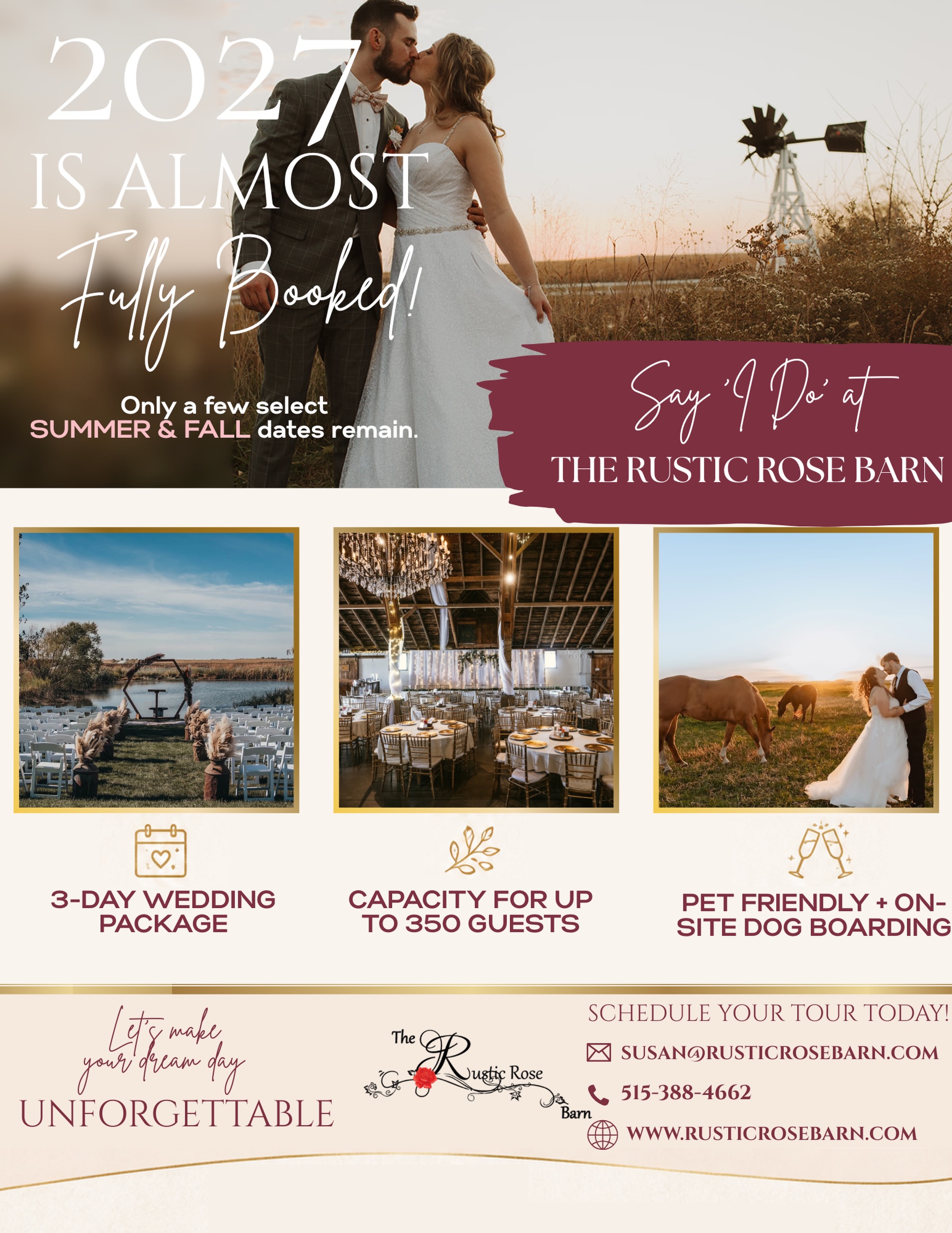 💍 2027 is almost completely booked!
We’re so grateful for all the couples who have chosen The Rustic Rose Barn to celebrate their wedding day. We have just a few select Summer and Fall dates still available for 2027.🌸
If you’ve been searching for the perfect venue, we’d love to welcome you for a tour and help bring your vision to life.✨
🌿 Reach out today to schedule your tour—we’re excited to meet you and be part of your love story! 🤍
📸 Flyer Photo Credit |
@memoriesandmotion
@elegant_visualsllc
@amandabasteen
@photographybytonyahoover
