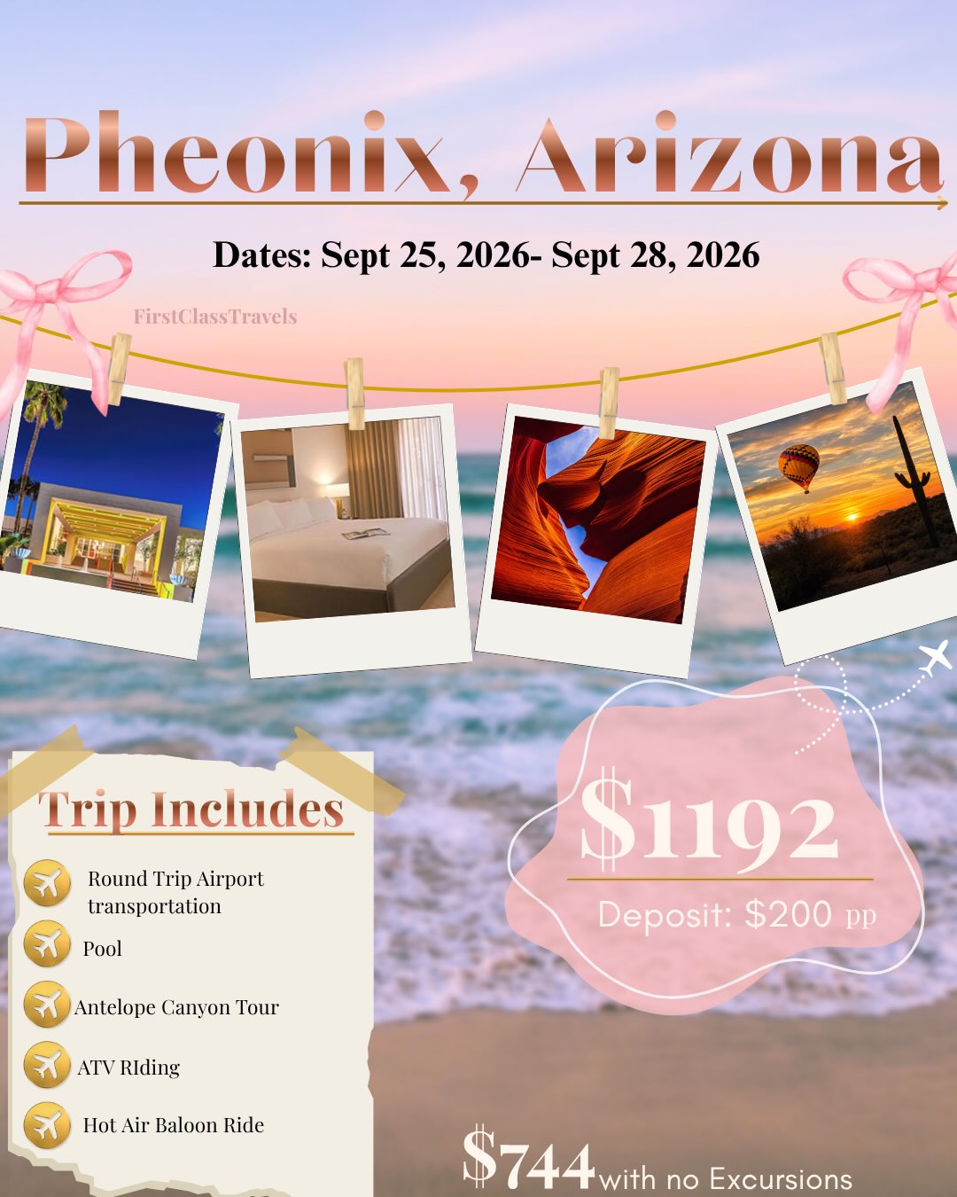 ☀️ Phoenix, but make it luxury. 🌵✨
Stay at the beautiful Hotel Solaya in the heart of Old Town Scottsdale, where you’ll be minutes from the best restaurants, nightlife, shopping, and desert views. 🤍
✈️ Delta flights included
📅 September 25 to September 28, 2026
💵 Starting at $744 (hotel + flights)
🎈 Upgrade to the full experience for $1,183, including:
• Antelope Canyon Tour
• ATV Adventure
• Hot Air Balloon Ride
• Round-trip airport transportation
💳 Reserve your spot with just $200 per person!
Ready for a weekend you’ll never forget? 🌅
📩 DM us “PHOENIX” or click the link in our bio to book with First Class Travel before prices increase!
#FirstClassTravel #Scottsdale #OldTownScottsdale #HotelSolaya #phoenixarizona