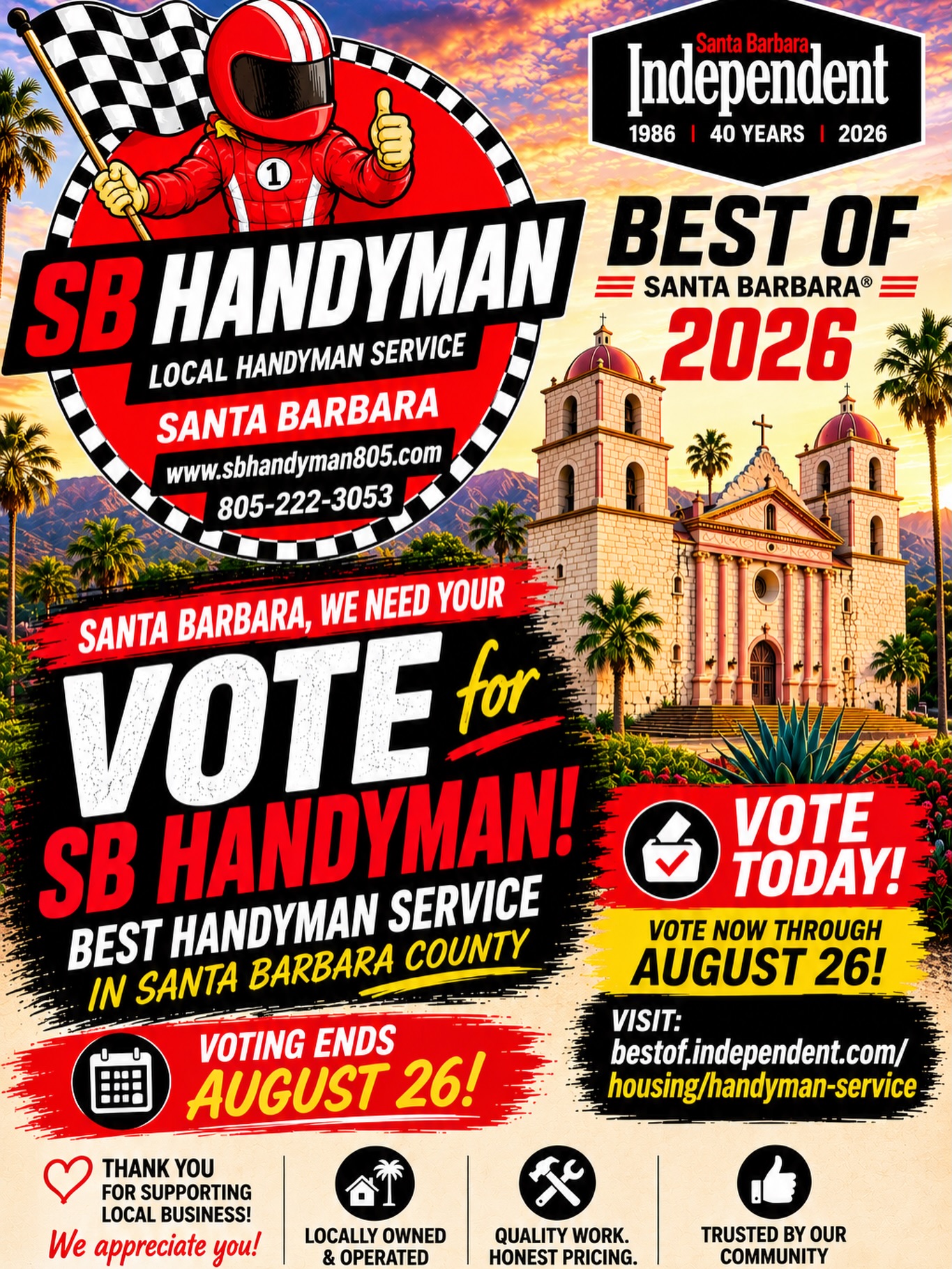 🏆 We’re honored to be nominated for Best Handyman Service in the Santa Barbara Independent’s Best of Santa Barbara® 2026!
If SB Handyman has ever helped you with a project, we’d truly appreciate your support by voting for us. Every vote means the world to our small local business! ❤️
🗳️ Vote for SB Handyman
📅 Voting ends August 26
Please remember: Your ballot counts only if you vote in 20 or more categories.
Thank you, Santa Barbara, for your continued support! 🙌
LINK IN BIO
🔗 https://bestof.independent.com/housing/handyman-service
#SBHandyman #SantaBarbara #BestOfSantaBarbara #SupportLocal #Handyman