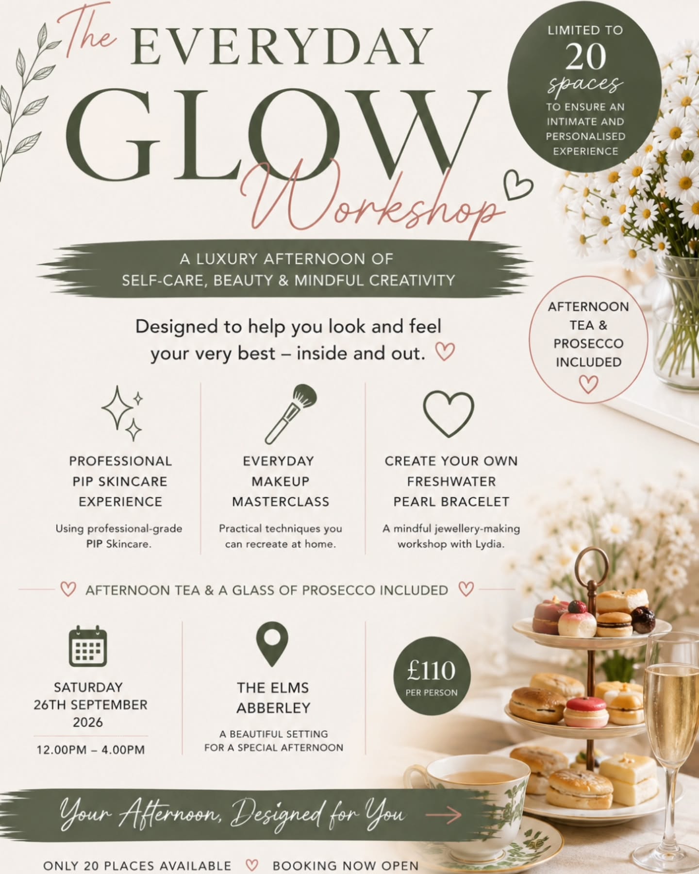 ✨ What if you gave yourself one afternoon... just for you? ✨
An afternoon to slow down, learn something new, create something beautiful and leave feeling refreshed, inspired and a little more confident than when you arrived.
That's exactly what we've created with The Everyday Glow Workshop.
🌿 Experience a professional PIP skincare routine with Sam Green Aesthetics, learning simple yet effective techniques you can take home.
💄 Discover everyday makeup tips and confidence-boosting application techniques with Sasha Brown, all designed to be practical, achievable and tailored to you.
🤍 Enjoy a mindful jewellery-making workshop with Lydia Lotus Designs, creating your own freshwater pearl bracelet to treasure long after the day is over.
And because every special afternoon deserves a few extra treats, your ticket also includes...
🥂 A glass of Prosecco
🫖 A delicious afternoon tea
🎁 A goodie bag
💚 Exclusive offers from the three of us
📍 The Elms, Abberley
🗓️ Saturday 26th September
🕛 12pm–4pm
With just 20 places available, we're keeping the experience intimate, relaxed and personal, giving everyone the opportunity to ask questions, learn, create and connect.
If this sounds like your kind of afternoon, we'd absolutely love you to join us.
✨ Tickets are on sale now. Visit @samantha_greenaesthetics, @sashabrownmakeupartist or @lydialotusdesigns and follow the booking link in any of our bios.
We can't wait to welcome you. 🤍
#WorcestershireEvents #SelfCareRitual #HolisticBeauty #ConfidenceFromWithin