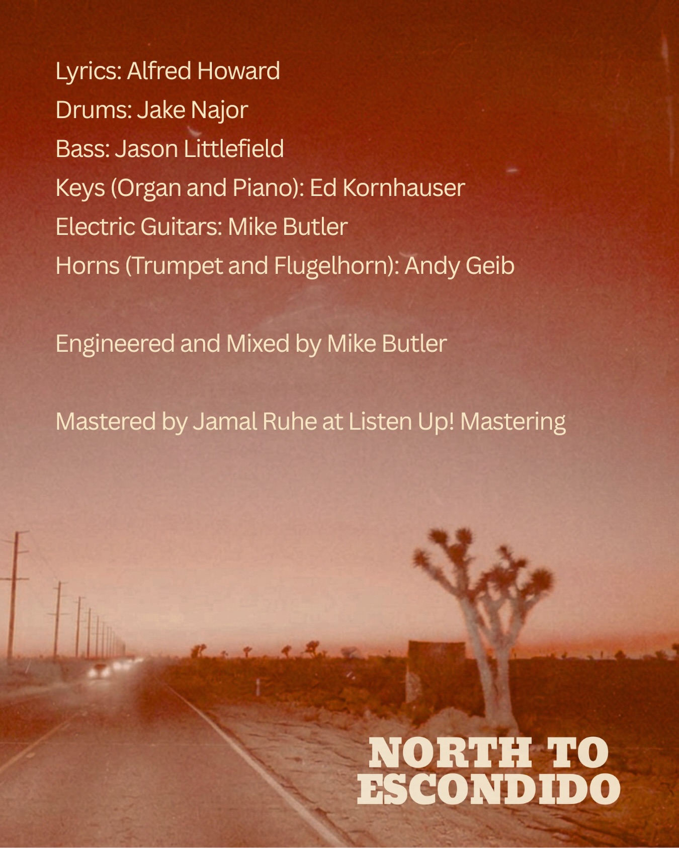 The wonderfully talented people behind this song!
Possibly my fave song on the record. It’s such a VIBE. Single is out now (link in bio). Ecstatic to finally be putting this out into the world, thank you to each of you.
Lyrics: Alfred Howard @alfredhoward23
Drums: Jake Najor @jake_najor_drummer
Bass: Jason Littlefield @jason.littlefield.bass
Keys (Organ and Piano): Ed Kornhauser @edkornhauser
Electric Guitars: Mike Butler @mixbutler
Horns (Trumpet and Flugelhorn): Andy Geib @andy.geib
Engineered and Mixed by Mike Butler
Mastered by Jamal Ruhe at Listen Up! Mastering