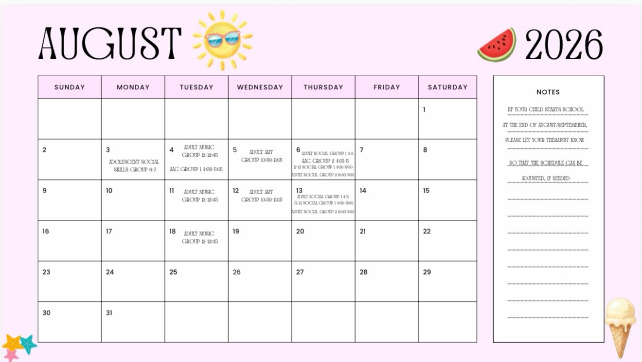 Can you believe August is here?!
We are winding down with the close of many of our summer groups this month as we gear up and prepare for fall!
Please let your therapist know of when you’re starting the school year and necessary changes in your schedule ✔️
Looking forward to enjoying rest of summer with our KTC family ☀️