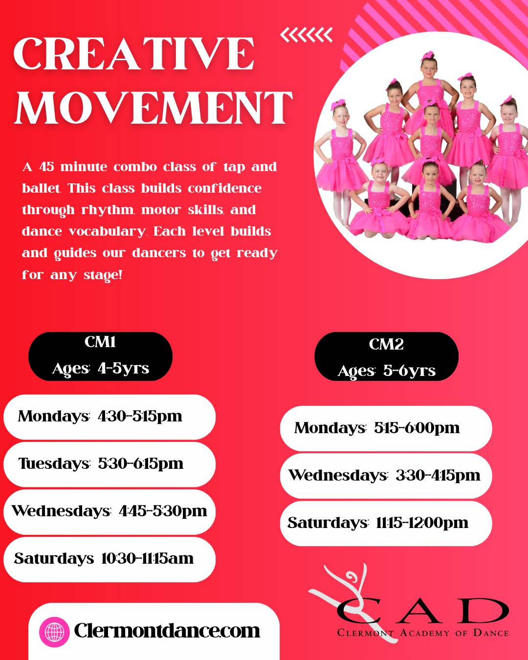 ✨ The perfect introduction to dance starts here! ✨
Our Creative Movement classes, designed for dancers ages 4–6, combine both ballet and tap in one fun and engaging class! 🩰👯♀️
Dancers will build coordination, musicality, confidence, and foundational dance skills while learning in a positive and encouraging environment.
Give your little dancer the opportunity to move, learn, and shine! ❤️
Register today for our 2026–2027 Fall–Spring Season!
📍 Clermont Academy of Dance
💻 www.clermontdance.com