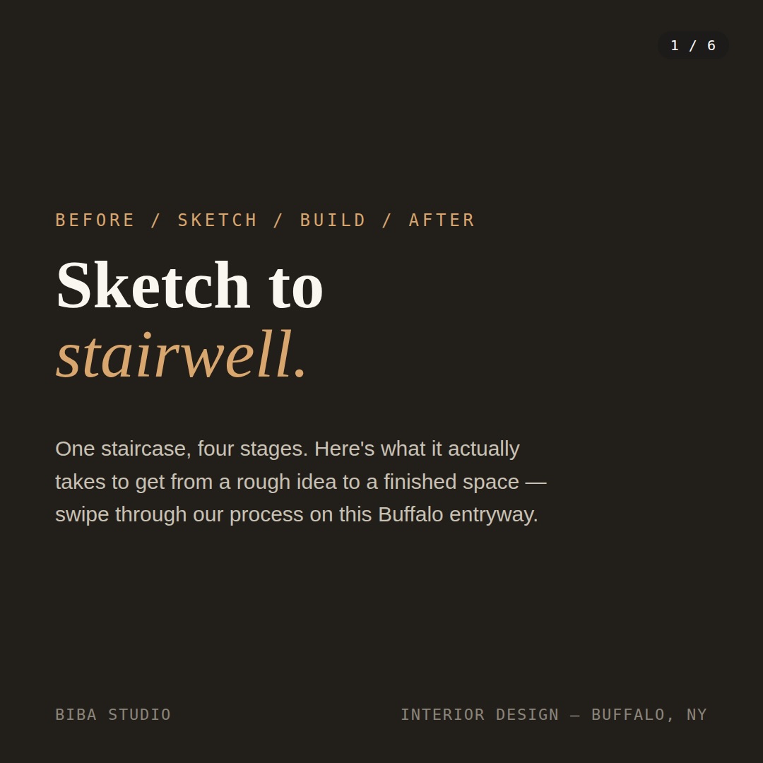 Sketch to stairwell.
🪜 Every project starts the same way: a pencil, a sightline, and a lot of questions about how a family actually uses a space. This Buffalo entryway was revamped to an open sightline that connects the whole first floor — but the sketch is what got us there before a single board was cut.
Swipe through → before, the hand-drawn concept, mid-build, and the finished stair. This is why we sketch first: it’s a lot cheaper to change a rail height on paper than after it’s installed.
#BibaStudio #InteriorDesign #BuffaloNY #StaircaseRenovation #BeforeAndAfter