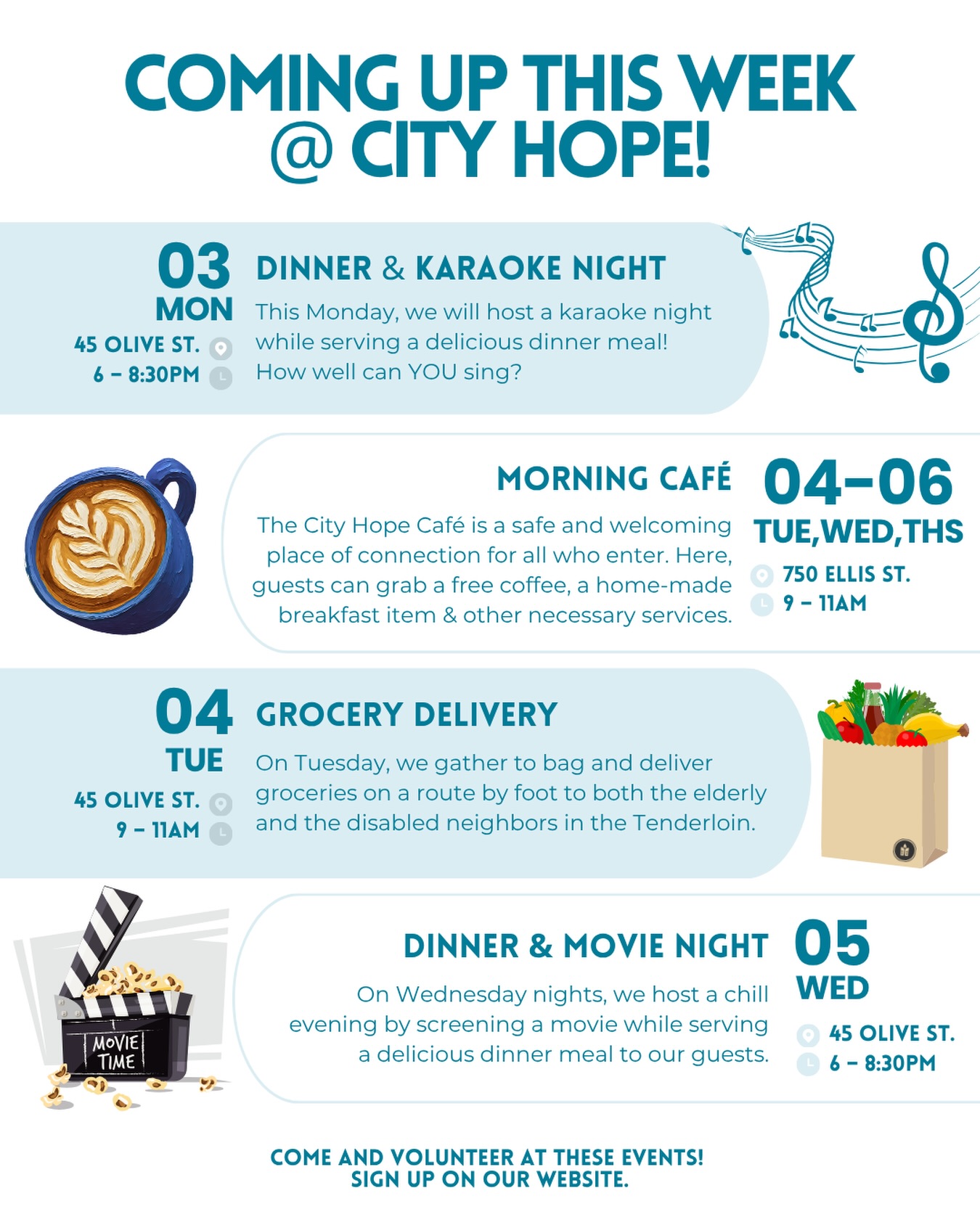 So much happening at City Hope! What are you coming to this week?
#VolunteerSF #CityHopeSF #CommunityService #TenderloinSF