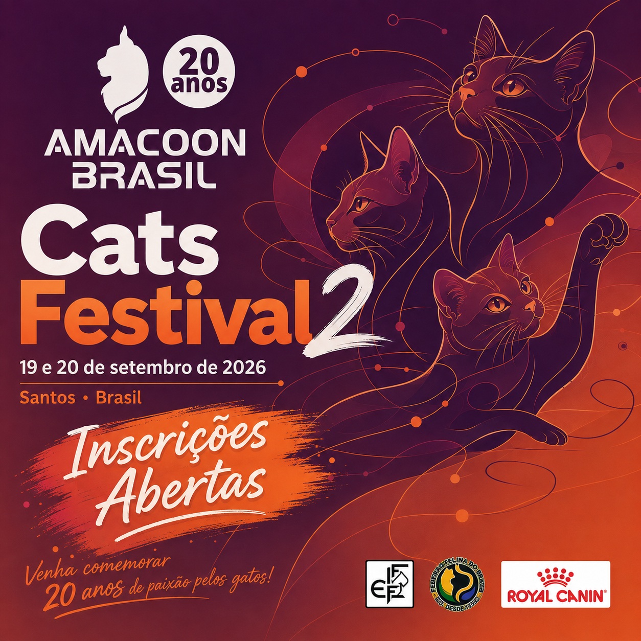 INSCRIÇÕES ABERTAS | CATS FESTIVAL 2
Os 20 anos da AMACOON Brasil continuam sendo celebrados — e chegou a hora de preparar seus gatos para mais um fim de semana histórico em Santos.
Nos dias 19 e 20 de setembro, realizaremos a 58ª e a 59ª Exposições Internacionais de Gatos de Todas as Raças FIFe e Gatos Domésticos, com dois Best in Shows, dois certificados e, mais uma vez, muitas surpresas e troféus especiais preparados para tornar esta edição inesquecível.
Juízes FIFe confirmados:
Helene Lis — Suécia
Andrea Valete Machado — Brasil
Yan Roca Folch — França
*Sujeito a alterações.
NOVIDADE: PAGAMENTO 100% ONLINE
Agora, todo o pagamento é feito diretamente pelo site, por PIX ou cartão de crédito.
E a AMACOON preparou um presente para os expositores: a possibilidade de parcelar as inscrições em até 3x sem juros, conforme a quantidade de gatos reunidos no mesmo pagamento:
1 ou 2 gatos: 1x
3 ou 4 gatos: até 2x sem juros
5 gatos ou mais: até 3x sem juros
Vai inscrever mais de um gato? Cadastre e selecione todos antes de seguir para o pagamento. Assim, o sistema reúne os gatos no mesmo pedido e libera automaticamente o parcelamento correspondente.
Valor: R$ 160 por gato, para sócios e não sócios, incluindo os dois certificados (final de semana).
Catálogo dinâmico digital gratuito.
Inscrições de 2 de agosto, às 22h01, até 11 de setembro, às 23h59 — ou até o preenchimento das 160 vagas.
Casa Leone
Rua São Bento, 39 — Centro Histórico, Santos/SP
Inscreva-se exclusivamente pelos sites:
http://br.catclubsystem.com
http://amacoon.com.br
Não deixe para os últimos dias. O cadastro e a documentação dos gatos precisam ser conferidos, e as vagas desta edição comemorativa são limitadas.
Dúvidas:
WhatsApp: (13) 98114-2529
E-mail: amacoon@gmail.com
#CatsFestival2 #Amacoon20Anos #ExposiçãoDeGatos #FIFe #Santos #gatosengraçados #gatosfofos #gatosdobrasil #royalcanin #royalcaninbrasil #expogatospraia #catsfestival #amacoon_brasil #amacoon
