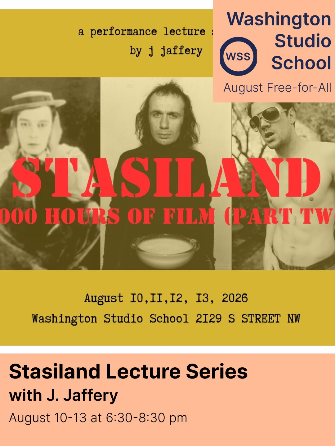 This isn't your traditional movie marathon, but rather a four-night series of โperformance lecturesโ blending performance art with art history. These lectures will cover Jaffery's new work-in-progress, โStasiland.โ They incorporate parafictional autobiographical stories with discussions of artists relevant to Jaffery's work, and show clips of films to illustrate their points. The entire presentation will be about 90 minutes with time for discussion afterwards.
This lecture will focus on Stasiland part one: โYou can have as much candy as you like so long as you like black licoriceโ. Jaffery will discuss Vito Acconci, Chris Burden, Robert Mapplethorpe, Buster Keaton, and Johnny Knoxville.
This lecture will focus on Stasiland part three: โCity of Highways and Riversโ. Jaffery will discuss Wim Wenders, Werner Herzog, Jim Jarmusch, Robby Muller, and Martin Kippenberger.
This lecture will focus on Stasiland part five: โWeekend in Stasilandโ. Jaffery will discuss Robert Frank, Chris Marker, Bette Gordon, Susan Seidelman, and Amos Poe.
This lecture will focus on Stasiland part six: โTree of Lifeโ. Jaffery will discuss Harry Smith, Robert Wilson, Joan Jonas, Laurie Anderson, and Meredith Monk.
Register through link in bio!