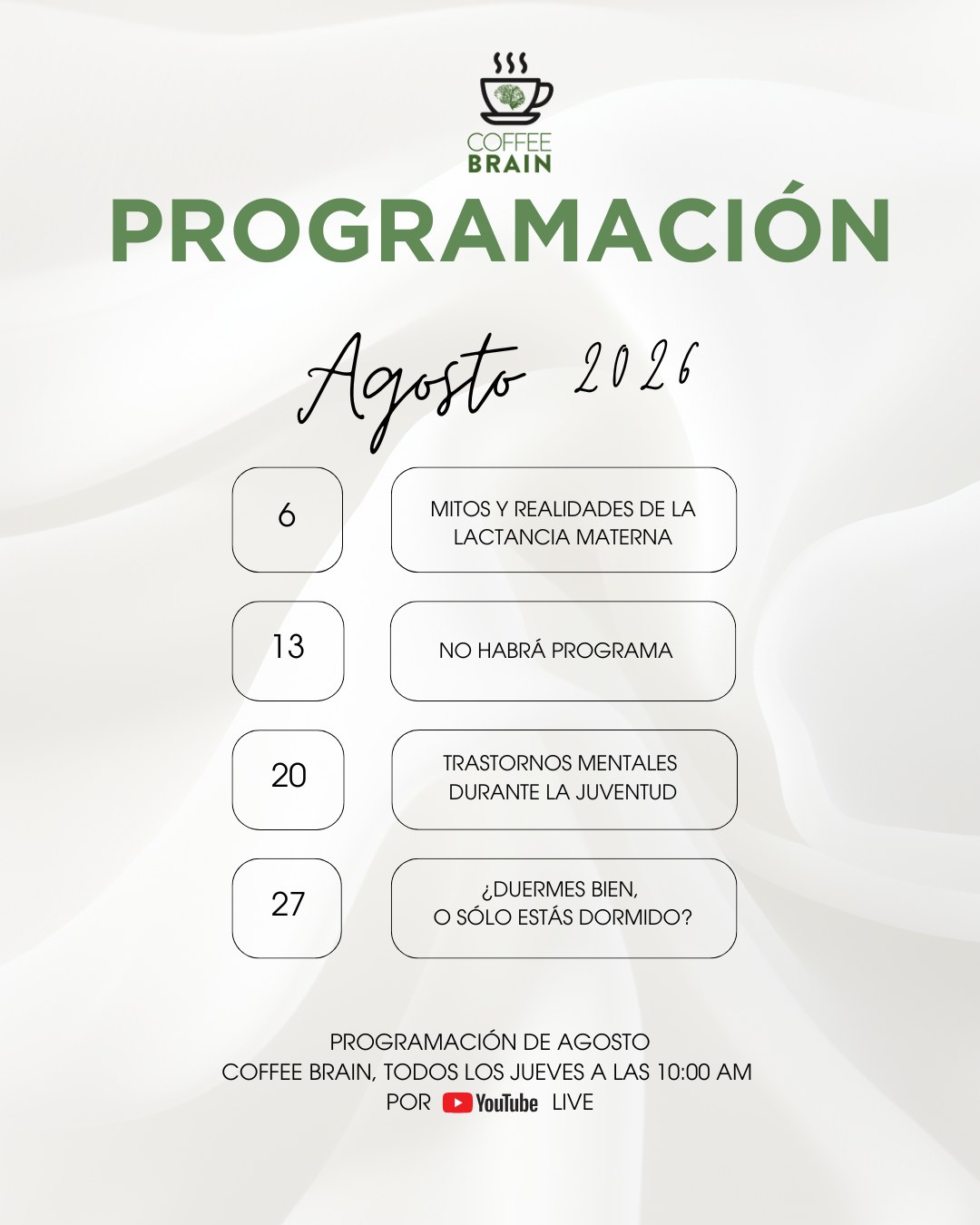 ☕ Coffee Brain está de regreso.
En agosto retomamos nuestras charlas con temas que nos invitan a reflexionar, aprender y seguir construyendo bienestar desde la salud mental.
📅 Programación de agosto:
🗓️ 6 de agosto: Mitos y realidades de la lactancia materna
🗓️ 13 de agosto : (No habrá programa)
🗓️ 20 de agosto: Trastornos mentales durante la juventud
🗓️ 27 de agosto: ¿Duermes bien, o sólo estás dormido?
📍 Los jueves a las 10:00 a.m.
🎥 En vivo por YouTube
Te esperamos para seguir aprendiendo junto al equipo de especialistas de Brain & Mind Salud Mental.
#CoffeeBrain #SaludMental #BrainAndMind #Bienestar #Psicología