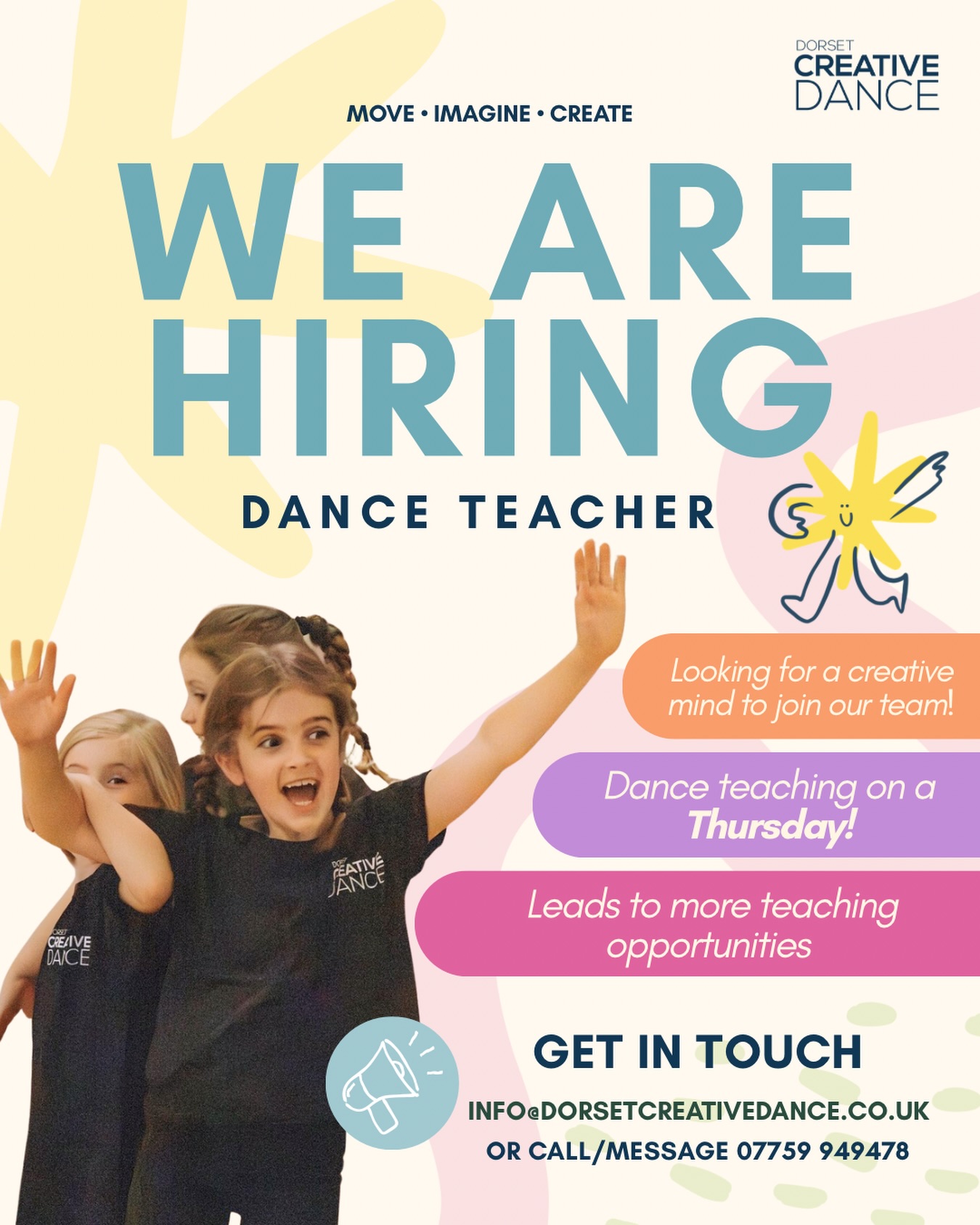 ✨📢 We are HIRING! 📢✨
We are looking for a dance teacher to join our fabulous team! 🩵
⭐️ We are looking for someone to teach on THURSDAYS starting 10th SEPTEMBER ⭐️
Why join our team?
⭐️Good rates of pay
⭐️Training provided
⭐️Exciting opportunity to be part of a growing company
⭐️After school clubs and weekend work available
We are seeking individuals with qualifications in dance, and an ability to travel to studios and schools in the local area.
Please email info@dorsetcreativedance.co.uk or call/message 07759 949478 for more info 🫶🏻🙌🏻