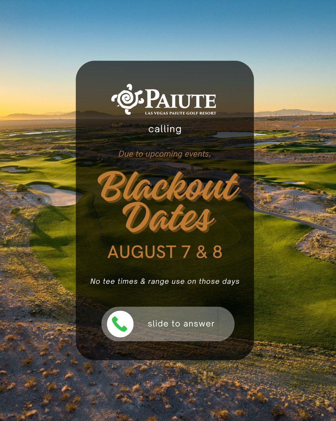 🚨Upcoming Blackout Dates!🚨
No tee times and range use on August 7th & 8th. We apologize for the inconvenience and look forward to seeing you on Sunday!
#golf #lasvegasgolf #lvpaiutegolf