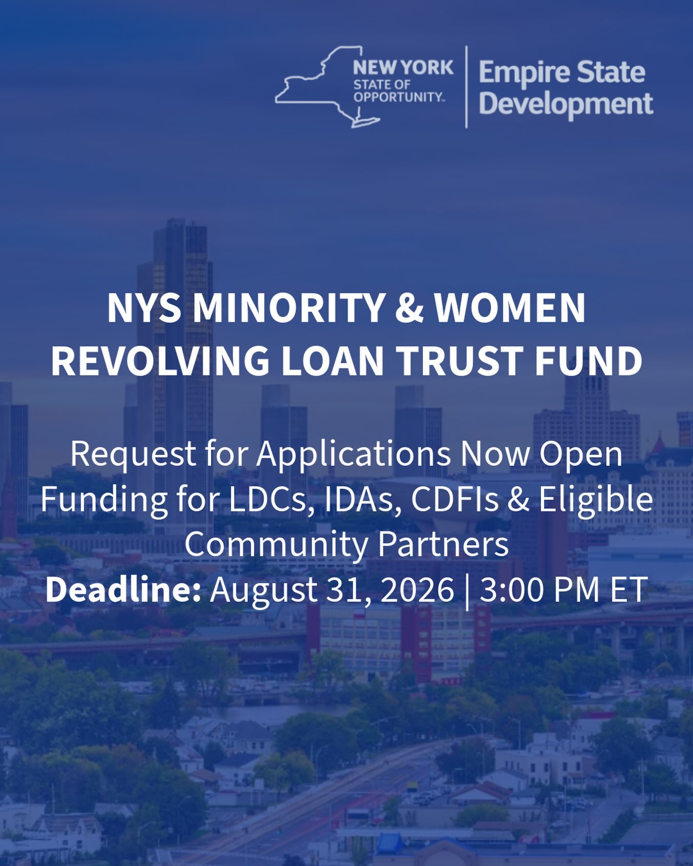 Empire State Development (ESD) has officially released the Request for Applications (RFA) for the New York State Minority and Women Revolving Loan Trust Fund (MWRLTF).
We are encouraging Local Development Corporations (LDCs), IDAs, CDFIs, and eligible regional community partners—particularly across Upstate New York—to review the details and consider applying to help address local capital access needs.
Program Details
Selected Administering Corporations will manage a local Trust Fund Account of up to $1,000,000 to deploy revolving loans for NYS-certified MBEs and WBEs:
Working Capital Loans: Up to $35,000
Real Property, Machinery & Equipment Loans: Up to $50,000
RFA Webpage: Link in bio
Application Portal: Link in bio
Questions: Contact Caitlin Armstrong at Caitlin.Armstrong@esd.ny.gov.
Application Deadline: Monday, August 31, 2026, at 3:00 PM ET.