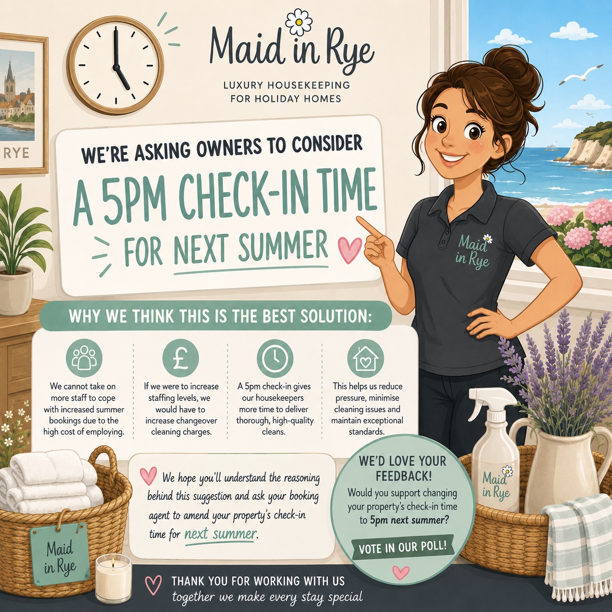 🏡 Is it time for a new industry standard?
During the summer, Fridays and Saturdays are incredibly demanding for housekeeping teams.
Guests often check out between 10am–11am, while new guests expect to arrive from 3pm or 4pm That gives just 4–5 hours to completely prepare a holiday home.
For properties with 3 or more bedrooms, that means:
🛏️ Making multiple beds
🧼 Deep cleaning every room
🛁 Cleaning bathrooms and kitchens
🔍 Carrying out quality inspections
🛒 Restocking guest essentials
🔧 Reporting maintenance issues
✨ Ensuring every guest arrives to an immaculate property
As employment costs continue to rise, simply employing more staff isn't a sustainable solution without increasing housekeeping costs for owners.
That's why we're calling for a conversation across the holiday letting industry.
💬 **Could a 5:00pm check-in on busy Fridays and Saturdays become the new standard for holiday homes with 3+ bedrooms?
Just one extra hour would help housekeeping teams maintain the high standards guests expect, reduce the pressure on staff, allow time for unexpected issues to be resolved, and help avoid passing rising employment costs on to owners.
This isn't about doing less—it's about giving every guest the quality experience they deserve from the moment they walk through the door.
👇 We'd love to hear your thoughts.
Should a 5pm check-in for larger holiday homes during peak season become the new industry standard?
#HolidayLets #HolidayCottage #AirbnbHost #PropertyManagement #Housekeeping #ProfessionalCleaning #GuestExperience #HolidayHome #ShortTermRental #CleaningIndustry #UKTourism #Hospitality #HolidayHomeOwners #PeakSeason #MaidInRye