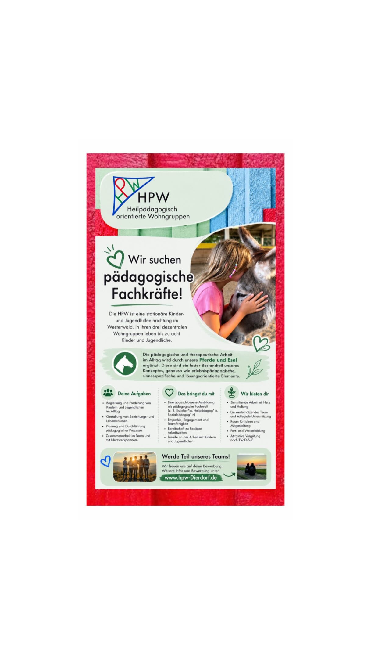 WIR SUCHEN RESSOURCENENTDECKER!
Hast du eine Ausbildung oder eine Studium im Sozialen Bereich?
Hast du Lust ein Wegbegleiter und Ressourcenentdecker zu werden?
Hast du Freude am am Umgang mit Tieren?
Dann lern uns kennen und werde Teil unseres Teams!
#sozialearbeit #jugendhilfe #jobgesucht #team #pädagogik