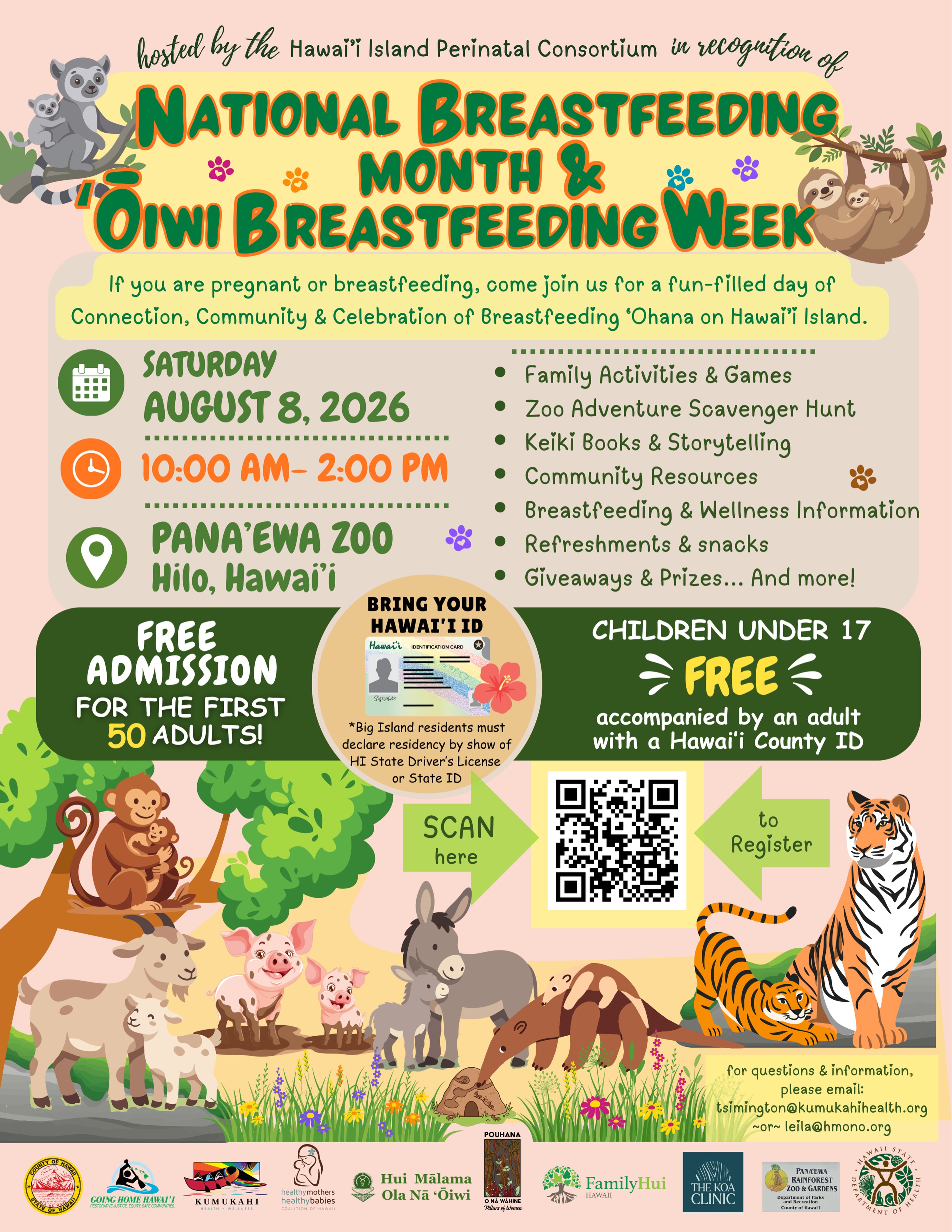 Celebrate National Breastfeeding Month & ʻŌiwi Breastfeeding Week with us! 🌿🤱
Calling all pregnant and breastfeeding māmā and ʻohana—join us for a fun-filled day of connection, learning, and celebration at the beautiful Panaʻewa Rainforest Zoo!
📅 Saturday, August 8, 2026
🕙 10:00 AM – 2:00 PM
📍 Panaʻewa Rainforest Zoo | Hilo, Hawaiʻi
Enjoy a day filled with:
💚 Family activities & games
🦁 Zoo adventure scavenger hunt
📚 Keiki books & storytelling
🤝 Community resources
🤱 Breastfeeding & wellness information
🍎 Refreshments & snacks
🎁 Giveaways, prizes, and more!
✨ FREE admission for the first 50 adults!
(Hawaiʻi Island residents must present a Hawaiʻi State ID or driver’s license.)
👧🧒 Children 17 and under are FREE when accompanied by an adult with a Hawaiʻi County ID.
📲 Scan the QR code on the flyer to register today!
Whether you’re expecting, breastfeeding, or supporting a growing ʻohana, we can’t wait to celebrate with you.
Let’s honor the strength of our māmā, uplift breastfeeding journeys, and build a healthier community—together.🌺
#hmhbhawaii #nationalbreastfeedingweek #communityevent #manamama
