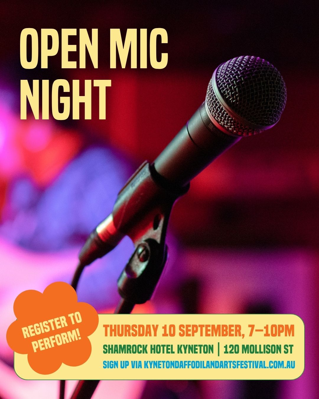 Get ready for a night of live music, laughs and local talent!
The Kyneton Daffodil & Arts Festival is back with its 3rd Open Mic Night, and you're invited to take the stage or cheer from the crowd. Join us at the Shamrock Hotel from 7pm - 10pm for an evening of unforgettable performances, great vibes and community spirit. Whether you sing, play, recite or just want to enjoy a drink and soak up the atmosphere, this is the place to be. Registrations are open on the night!
Registrations are open via our website!
--
The Kyneton Daffodil & Arts Festival
📍 4–13 September 2026
Supported by Major Sponsors @kynetononriverside
Visit our website to view all events and sponsors.