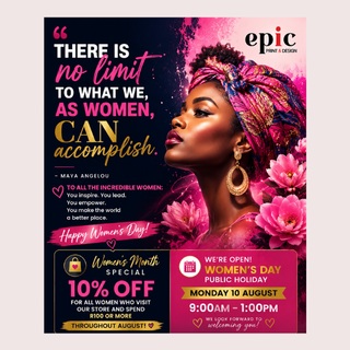 Happy Women's Day to all the incredible women who inspire, lead, create, and make a difference every day. 💐
Today, we celebrate your strength, resilience, and achievements. Thank you for the positive impact you make in our families, workplaces, and communities.
🌸 Women's Month Special: Enjoy 10% OFF when you spend R100 or more in-store!
🕘 We're also OPEN on the public holiday, Monday 10 August, from 9:00am – 1:00pm.
From all of us at Epic Print & Design, Happy Women's Day! ❤️
#womensday #womensmonth #epicprint #supportlocalbusinesses #capetownbusiness #muizenberg #womeninbusiness #printingwithpurpose
