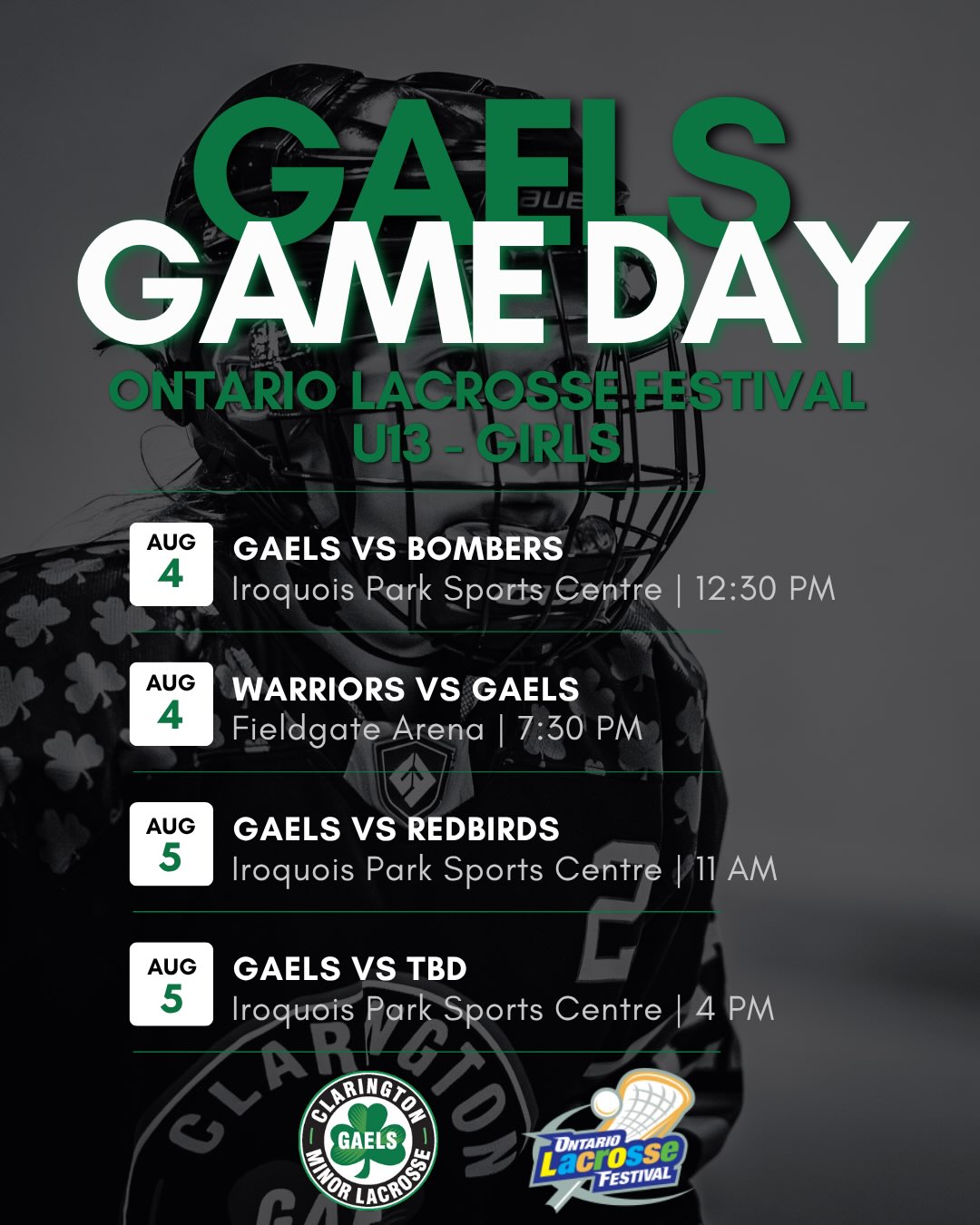 The 2026 Ontario Lacrosse Festival continues! Three Gaels teams hit the floor today for day two of their Provincial playoff run! Best of luck to our U13 Girls, U15 Girls, and U22 teams as they battle through round-robin play.
Today’s Schedule
🥍 U13 Girls
🕧 12:30 PM vs. Bombers – Iroquois Park Sports Centre
🕢 7:30 PM vs. Warriors – Fieldgate Arena
U15 Girls
🕧 12:30 PM vs. Knights – Luther Vipond Memorial Arena
🕔 5:00 PM vs. Kodiaks – McKinney Arena
U22
🕝 2:30 PM vs. Kings – Don Beer Arena
🕣 8:30 PM vs. Griffins – Luther Vipond Memorial Arena
Good luck to all of our players, coaches, and bench staff. Play hard, support your teammates, and represent the Gaels with pride!
If you’re at the festival, stop by and cheer on our Gaels as we continue to #GrowTheGame #GaelsNation #OntarioLacrosseFestival