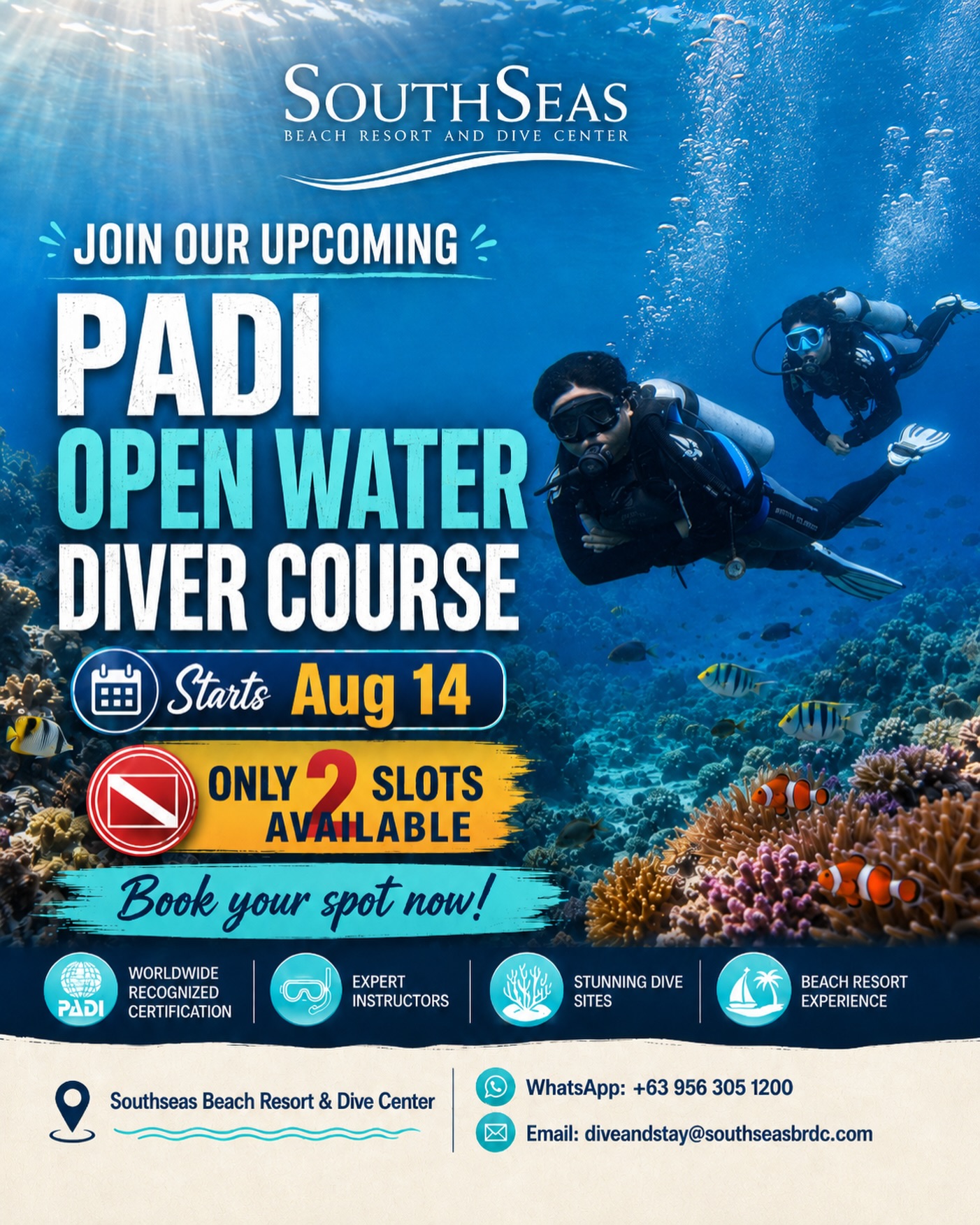 Join our upcoming PADI Open Water Diver Course starting August 14th and take your first step toward becoming a certified scuba diver.
Only 2 slots are available, so secure your place today and discover a whole new world beneath the surface!
For Scuba courses and bookings & inquiries:
Email: diveandstay@southseasbrdc.com
Whatsapp: +63 956 305 1200
.
.
.
#diveinsouthseas
#divesantandercebu
#ssbrdc