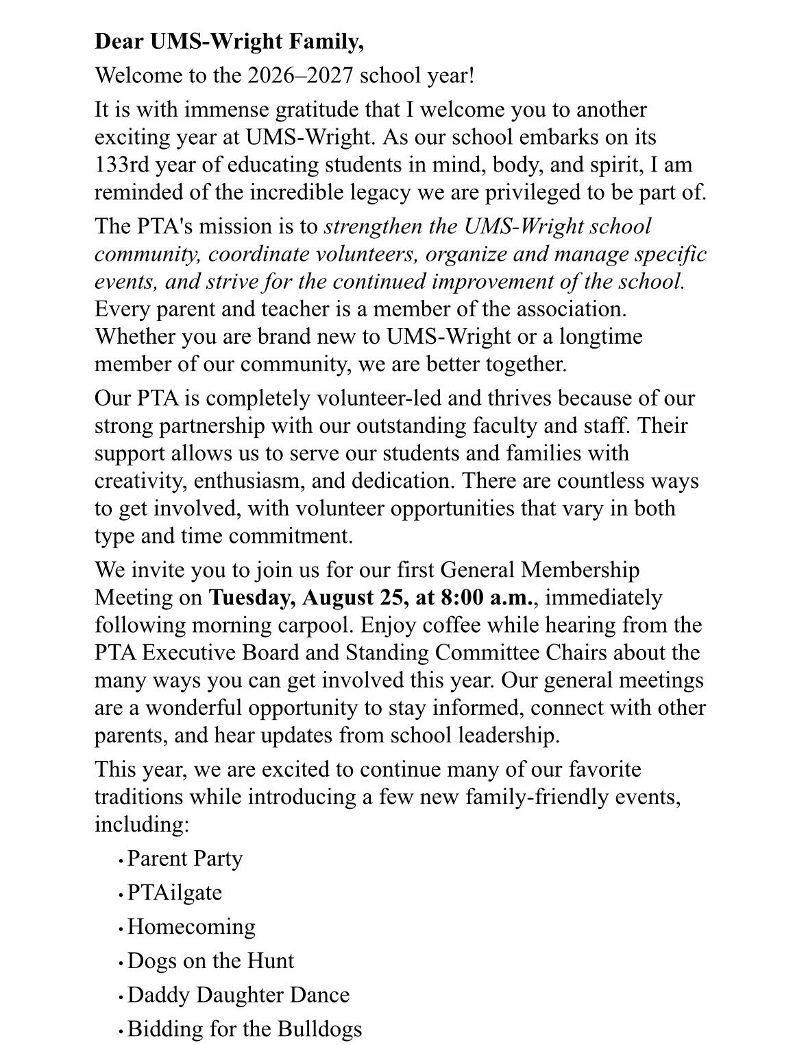 Welcome letter from the new PTA president, Kelsey Moody! Go Bulldogs!