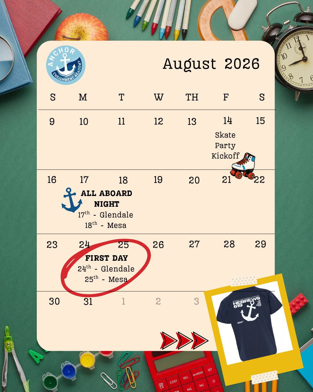 Mark your calendars for August! 🗓️We are excited to come together for Skate Night, All Aboard Nights, and the first day of school!
Still considering Anchor for your family? You’re always welcome; stop by an event and say hello! ⚓
Mark your calendars for August! 🗓️We are excited to come together for Skate Night, All Aboard Nights, and the first day of school!
Still considering Anchor for your family? You’re always welcome; stop by an event and say hello! ⚓
Click the link in the bio to RSVP!
Click the link in the bio to reserve your session: 6:00 - 6:45 PM or 6:45-7:30PM.