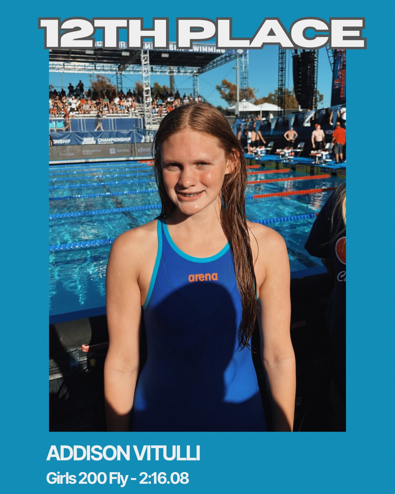 Our very own Addison Vitulli got 12th place in the 200 fly at Summer JR Nationals last night! what an amazing achievement! 🥳🥳🥳💙🧡