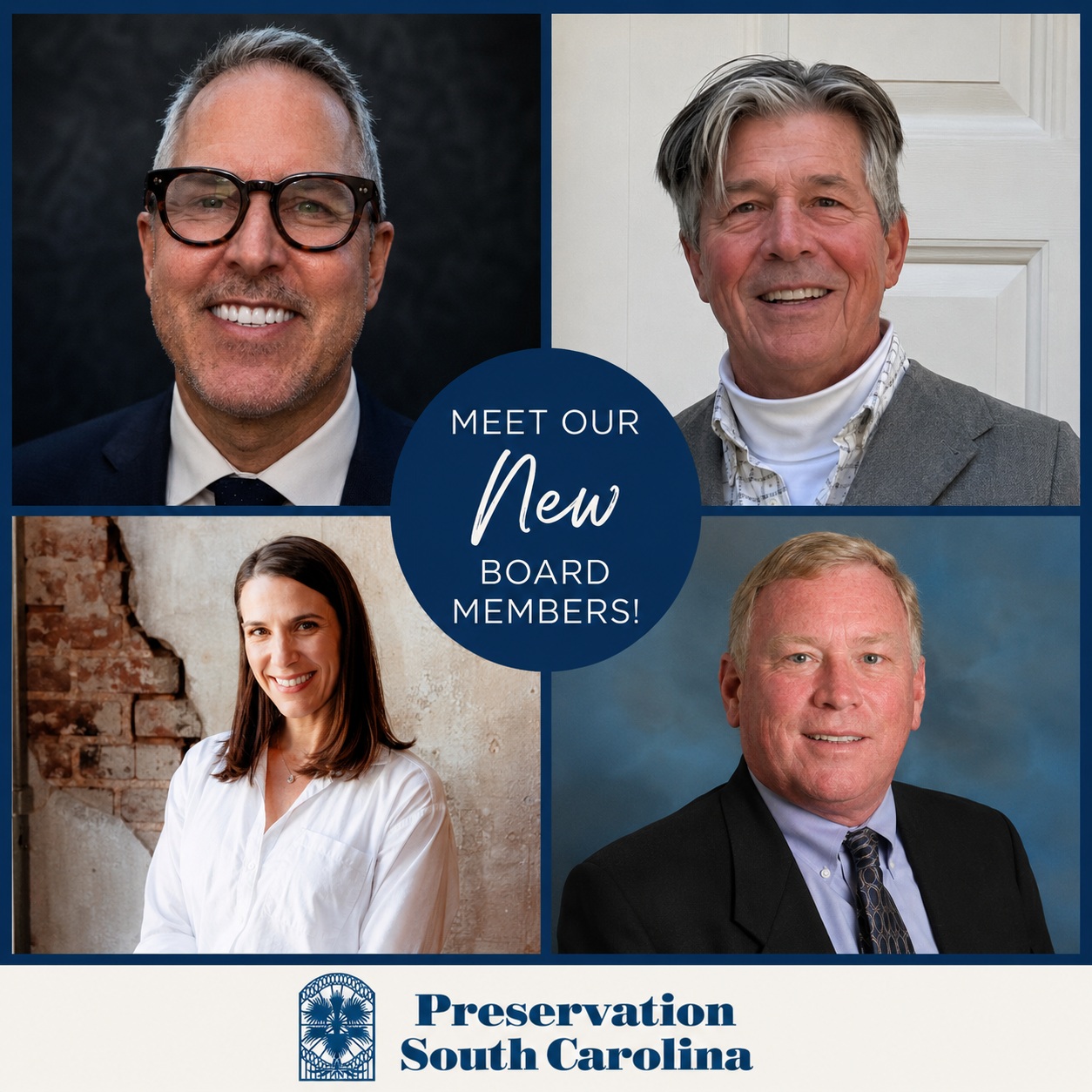Preservation South Carolina is proud to welcome David Blake, Brian Branton, and John "Jay" Ervin III to our Board of Directors. Each brings exceptional leadership, professional expertise, and a shared passion for preserving South Carolina's historic places.
Brian Branton brings more than 30 years of experience in government affairs and public policy. In addition to his leadership at McKesson Corporation and years of service on Capitol Hill, Brian is an active preservationist who has restored four historic homes, including a recently rehabilitated National Register-listed home in Edgefield.
David Blake is a longtime preservation advocate with extensive experience in historic districts, National Register nominations, preservation easements, and preservation law. A leader in Aiken's preservation community, he successfully challenged the demolition of historic buildings in the city's historic district and continues to advance local preservation efforts.
Janie Campbell, a historic preservation consultant with the Roger Lewis firm, has guided numerous National Register nominations and more than 85 federal historic tax credit projects across South Carolina. She is widely recognized for her preservation leadership and service to organizations including Historic Columbia Foundation.
John "Jay" Ervin III is an attorney with decades of legal and public service experience. A former prosecutor and longtime attorney in Darlington, he brings valuable legal expertise and a strong commitment to community leadership.
Together, these new board members strengthen Preservation South Carolina's ability to advocate for, protect, and preserve the places that tell South Carolina's story. We are excited to welcome them and look forward to the experience and vision they will bring to our organization.
