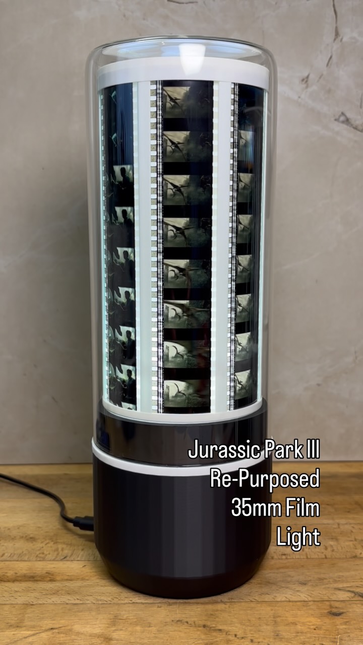 Custom light created using actual re-purposed 35mm film from the movie ‘Jurassic Park’ released in 2001. This light has a unique assembly (a world’s first) encapsulating this beautiful film.
A small motor is inserted into the base allowing slow rotation & internal led arrangement backlights the film. A protective glass dome is placed over the complete assembly. Powered by a low power USB-C cable.
All of our products are made one-at-a-time in our studio in Ontario, Canada & shipped worldwide.
https://www.cine-light.com/ #jurassicpark3 #jurassicpark