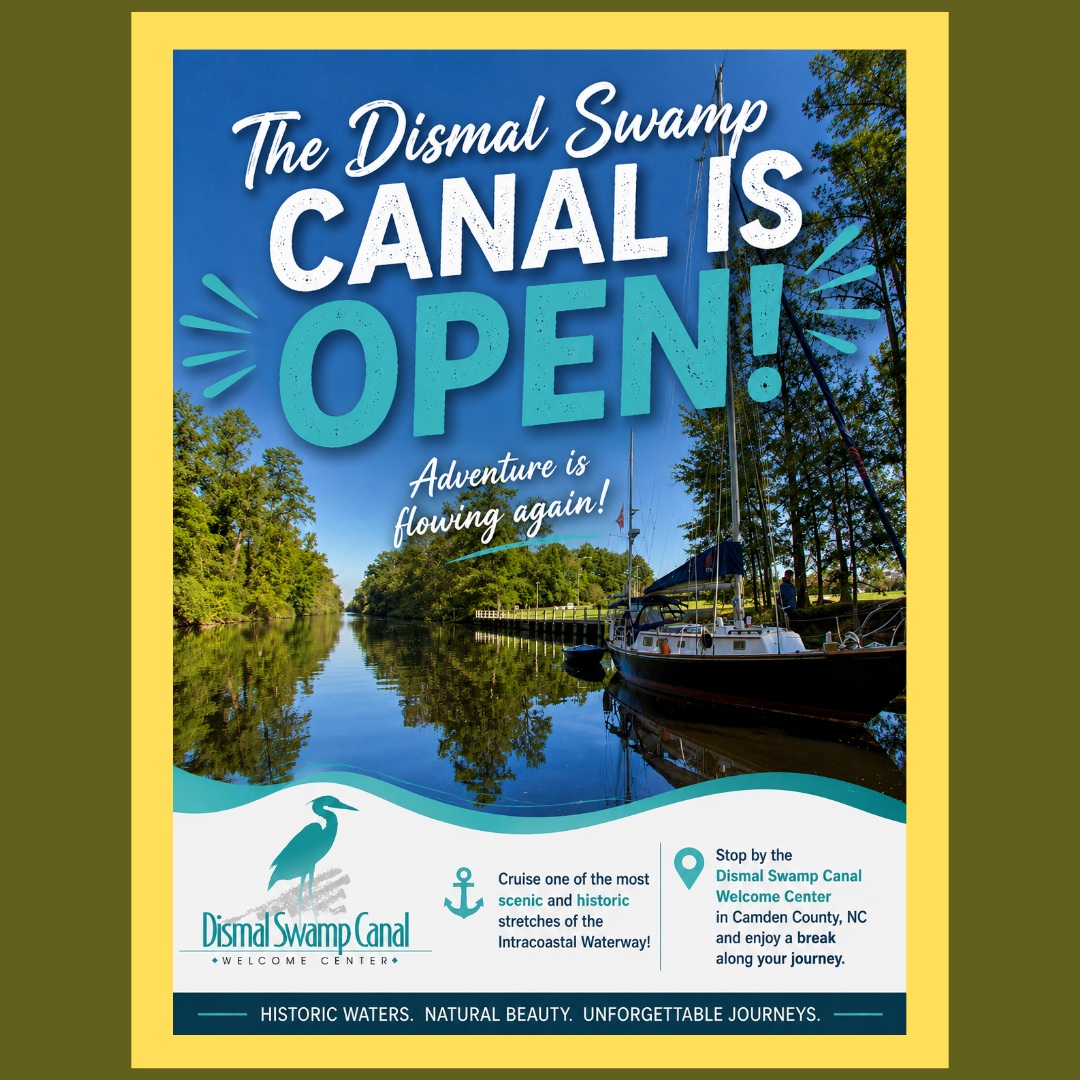 🚤🎉 Great News, Boaters! The Dismal Swamp Canal is OPEN! ⚓🌿
The wait is over! The Dismal Swamp Canal is once again open to vessel traffic, and we can't wait to welcome you back to one of the most scenic stretches of the Atlantic Intracoastal Waterway! 🌲🦅
⏰ Lock Schedule (Daily):
🕣 8:30 AM
🕚 11:00 AM
🕜 1:30 PM
🕞 3:30 PM
📞 Lock Contacts:
🔹 South Mills Lock & Bridge: 252-771-5906
🔹 Deep Creek Lock & Bridge: 757-487-0831
📻 Both locks monitor VHF Marine Channel 13.
Whether you're cruising the ICW, stopping for the night at the Dismal Swamp Welcome Center, or simply looking to experience one of America's oldest hand-dug canals, now's the perfect time to make the trip!
🌿⚓ We'll see you on the water! Be sure to stop by the Dismal Swamp Welcome Center for local information, maps, and a warm Camden County welcome.
#DismalSwampCanal #ICW #BoatingLife #Cruising #VisitCamdenNC #GreatDismalSwamp #WelcomeBackBoaters