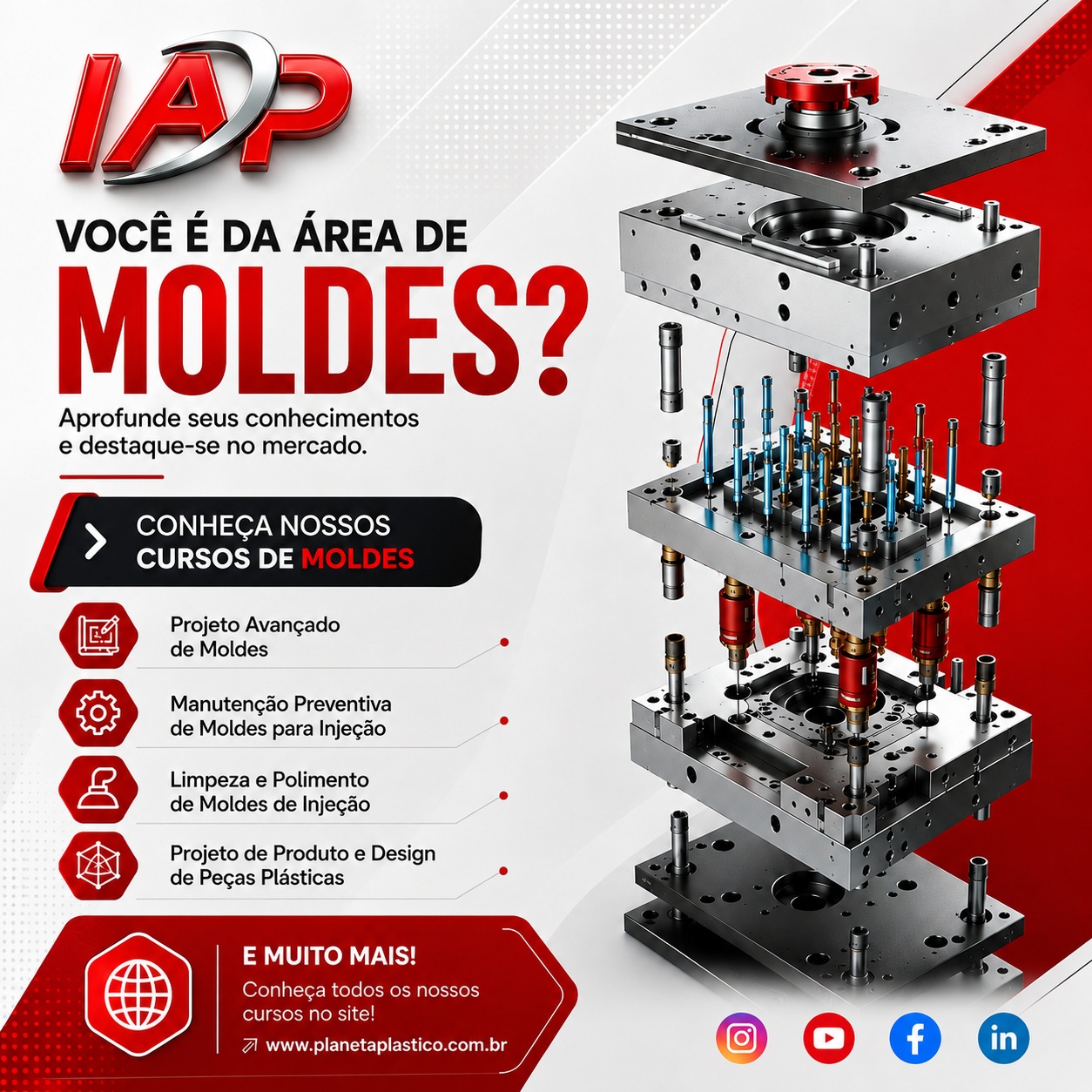 VOCÊ É DA ÁREA DE MOLDES?
Então, que tal transformar sua experiência em ainda mais conhecimento técnico?
O IAP – Instituto Avançado do Plástico possui cursos especializados para profissionais que atuam ou desejam se aprofundar nos processos de Moldes.
Amplie seus conhecimentos, compreenda melhor os processos, aprimore a resolução de problemas e fortaleça sua qualificação profissional.
Conheça nossos cursos na área de Moldes e escolha o próximo passo da sua evolução profissional.
#MoldesDeInjecao
#ProjetoDeMoldes
#Ferramentaria
#FerramentariaIndustrial
#InjecaoPlastica
#MoldesPlasticos
#IndustriaDoPlastico
#EngenhariaDeMoldes
#EngenhariaDeProduto
#DesignDeProduto
#PecasPlasticas
#ProcessosIndustriais
#Industria40
#EngenhariaMecanica
#ManutencaoIndustrial
#ManutencaoDeMoldes
#PolimentoDeMoldes
#Usinagem
#CNC
#CAM
#CAD
#Manufatura
#TecnologiaIndustrial
#AutomacaoIndustrial
#QualificacaoProfissional
#CapacitacaoProfissional
#TreinamentoIndustrial
#DesenvolvimentoProfissional
#MercadoIndustrial
#IndustriaBrasileira
🎓 IAP – Conhecimento técnico para quem vive a indústria do plástico.