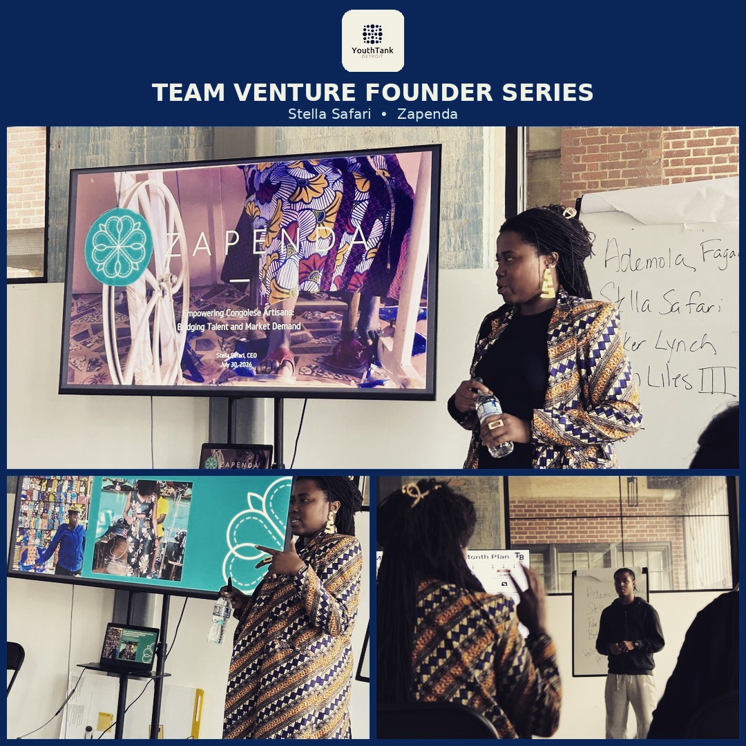 "Your context, your worldview will affect everything you are doing."
Stella Safari, Founder of Zapenda — a sustainable, African-inspired fashion brand made-to-order in the DRC — sat down with YouthTank's first cohort of Team Launch Venture founders this week 💫
She shared her personal and brand journey, then coached founders on their early-stage ventures — including Jeremy (pictured), YouthTank intern and founder of streetwear brand True Belief.
Little known fact: Stella and Holly co-directed Startup Effect together nearly a decade ago — the program that became the inspiration for YouthTank. Full circle having her back in the room with this next generation 🙌🏾
So proud of Stella — as a founder, a Detroiter, and a mentor to youth.
#TeamLaunchVenture #FounderSeries #YouthTank #Detroit #Zapenda