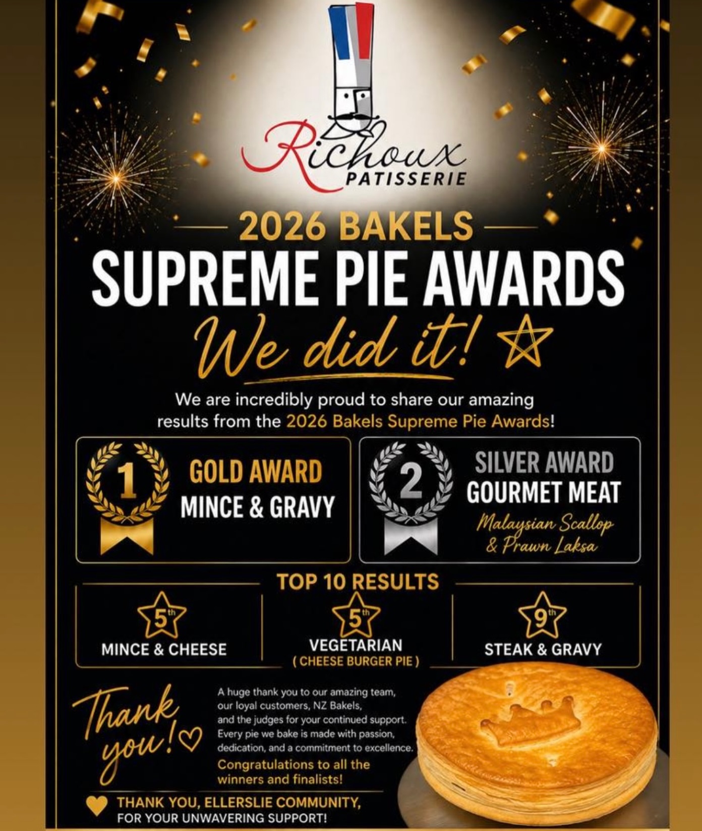 Huge congratulations @richoux.patisserie We are so proud of you. 🤩🤩🤩 #bestpiesinnz #pies We are so lucky to have you in our village 🙌🫶🏻 #Congratulations #auckland
