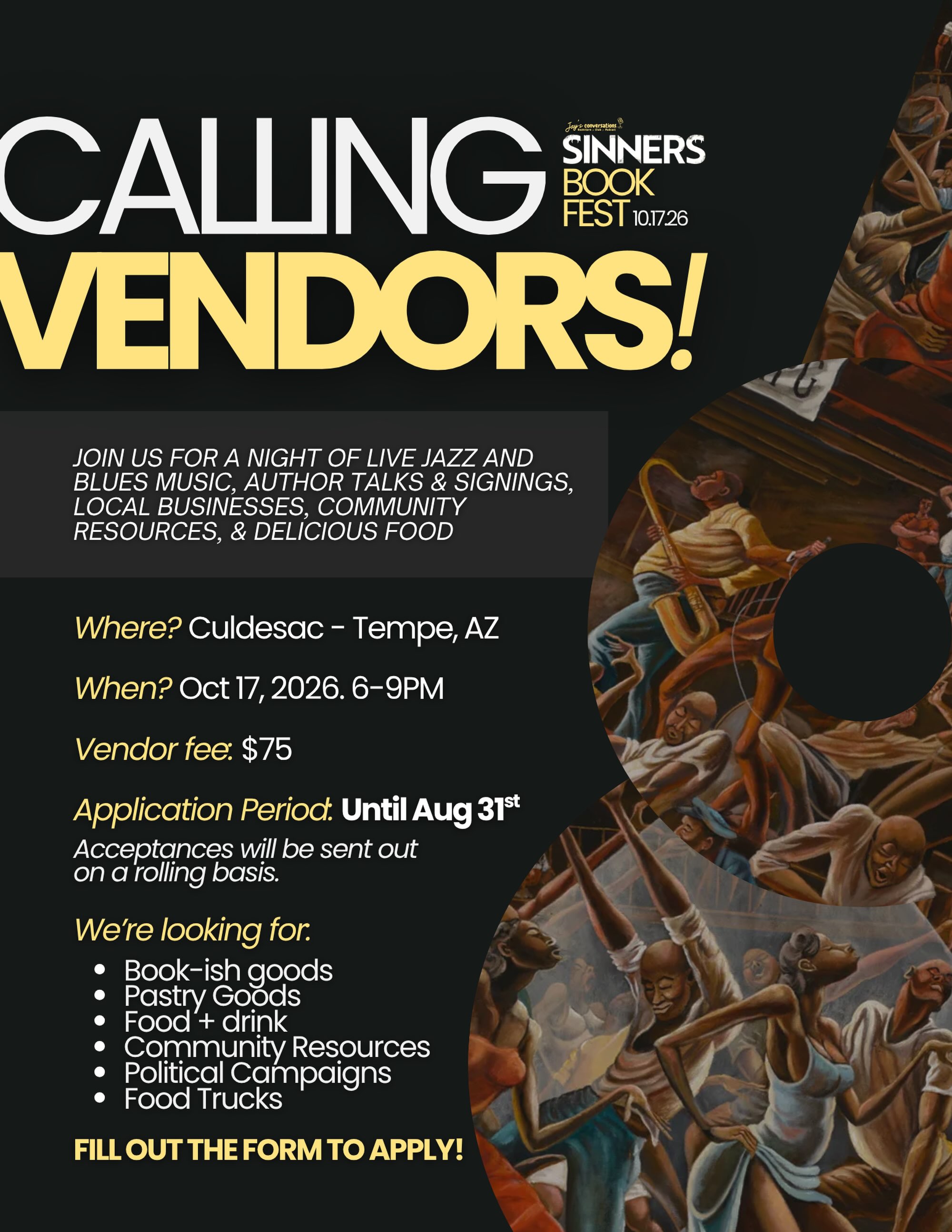The Juke Joint will be powered by the community! So we’re looking for vendors who want to be apart of this amazing event and committed to honoring the Juke Joint theme! Applications open until 8/31. Link in the bio. #vendorswanted #jukejoint #tempeaz #community #indiebookshop