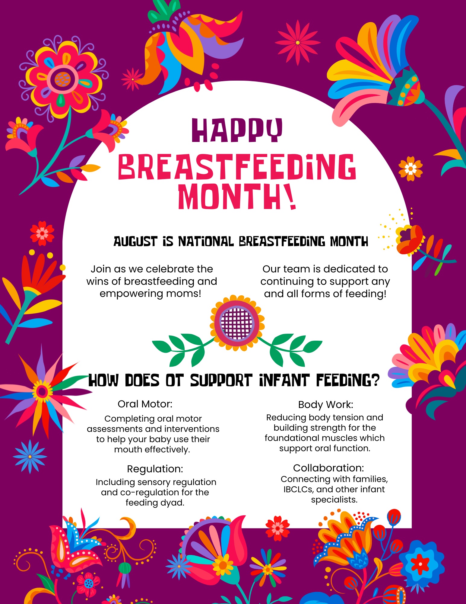 Happy breastfeeding week & month! We are always so honored to support so many families on their breastfeeding journey. Our breastfeeding support focuses on oral motor, body work, regulation and collaboration with IBCLCs and other infant specialists!