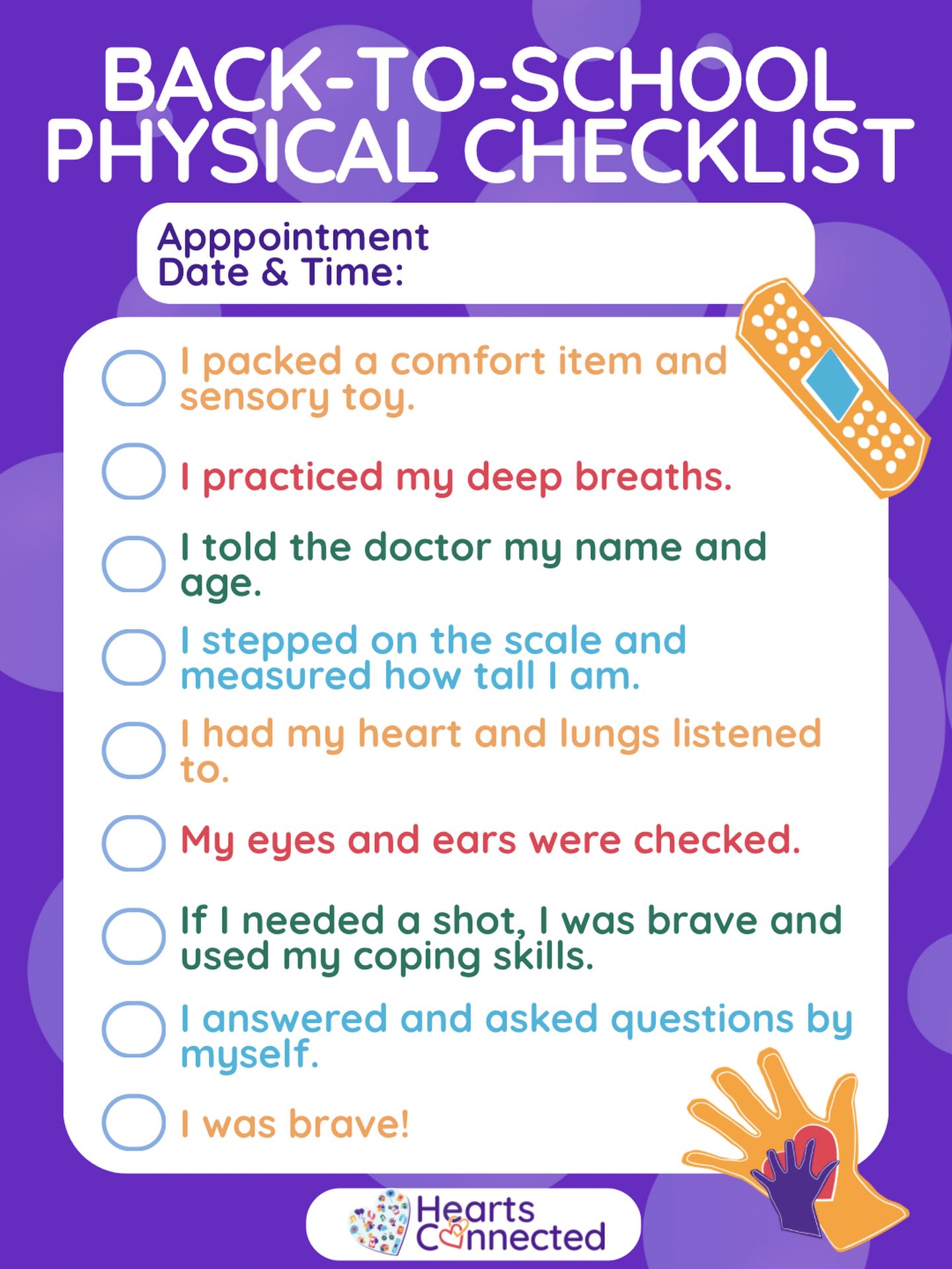Back-to-School physicals are important to start the school year off healthy, but they can bring up big emotions!
This printable helps children:
-know what to expect
-practice coping skills
-celebrate and recognize each step in their checkup!
Save this post for your child’s next checkup! Be sure to subscribe to our newsletter to receive a printable version!
#Physicals #Backtoschool #Children
