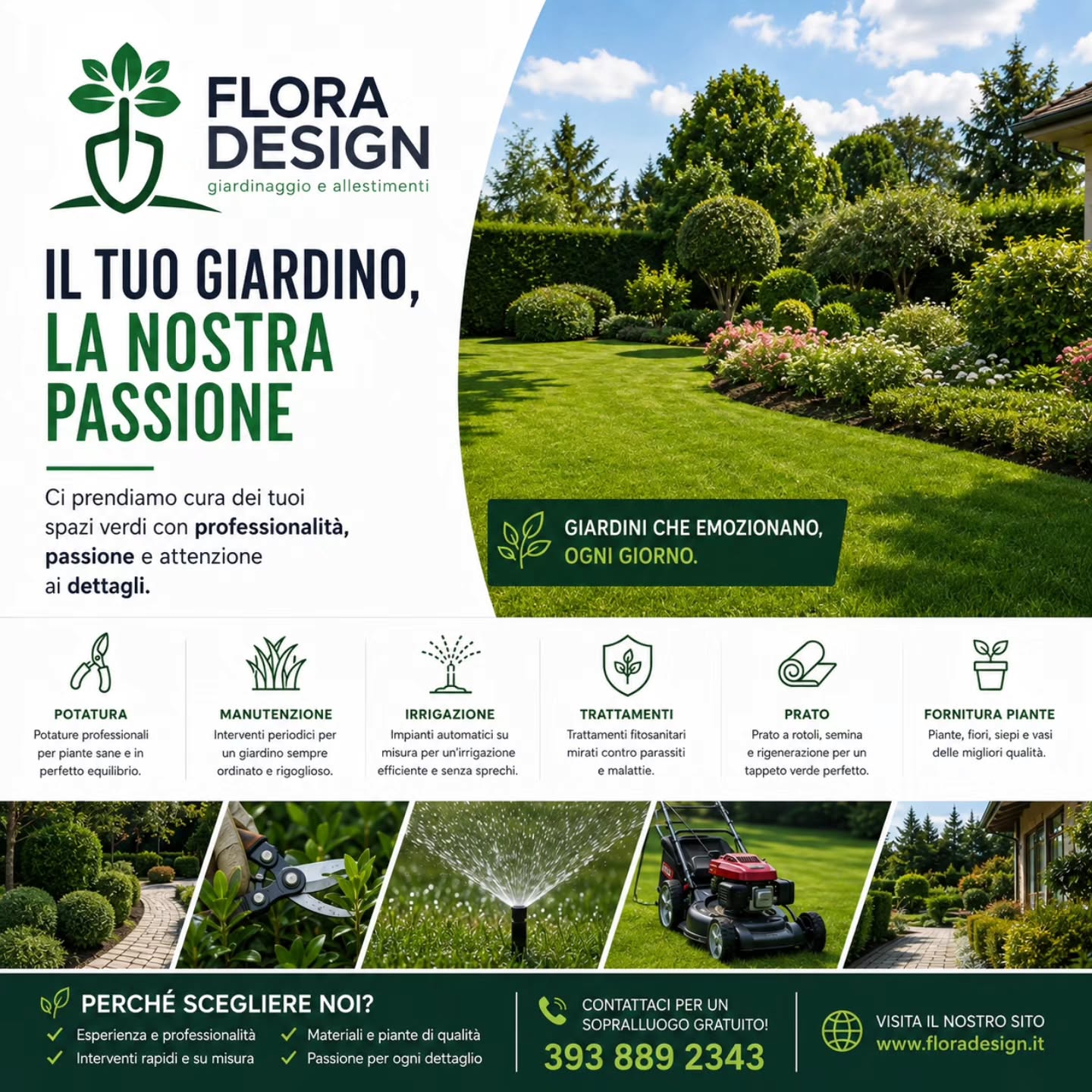 🌿 Il tuo giardino merita di essere curato nel modo giusto.
Un giardino ben tenuto non è solo più bello da vedere, ma cresce meglio, dura di più e richiede meno interventi nel tempo.
Da anni ci occupiamo di:
✅ Manutenzione giardini
✅ Potature
✅ Impianti di irrigazione
✅ Prati a rotoli
✅ Trattamenti fitosanitari
✅ Realizzazione di nuovi spazi verdi
Operiamo in tutta Roma Nord con sopralluogo e preventivo.
📞 393 889 2343 🌐
www.floradesign.it�
Scrivi "GIARDINO" nei commenti o inviaci un messaggio per ricevere un preventivo.
#FloraDesign #GiardiniRoma #Giardinaggio #RomaNord #ManutenzioneGiardini Potature Irrigazione PratoARotoli GardenDesign Giardino