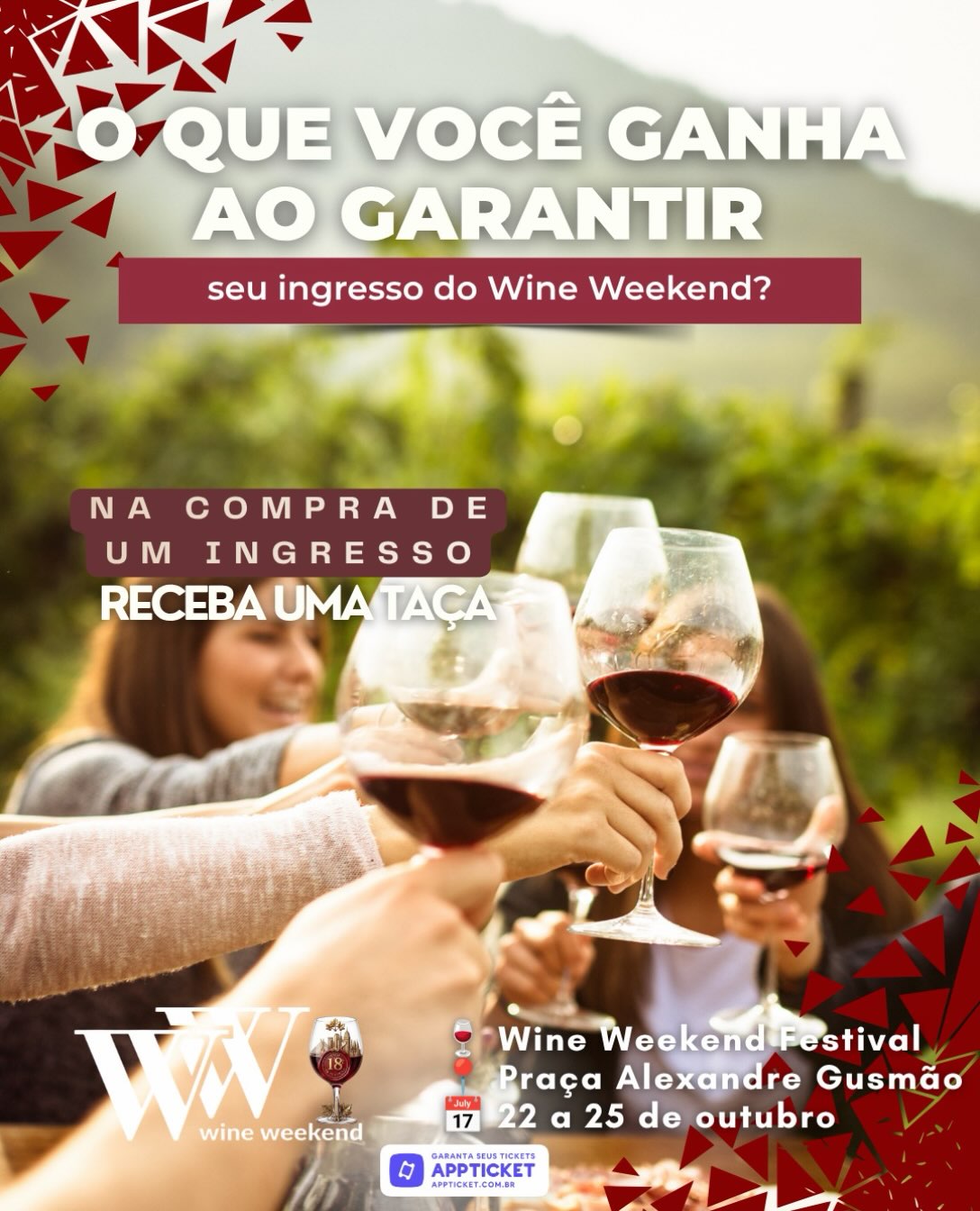🍷 O que espera por você no Wine Weekend?
Muito mais do que garantir a sua entrada no maior festival de vinhos, o seu ingresso é o passaporte para uma experiência enogastronômica completa! E tem benefício exclusivo garantido:
✨ Na compra de 1 ingresso, você ganha uma taça oficial do evento para degustar os melhores rótulos com toda a elegância que você merece.
Programe-se para viver dias inesquecíveis: 📍 Onde: Praça Alexandre Gusmão 🗓️ Quando: 22 a 25 de outubro
Não deixe para depois! Os ingressos do primeiro lote são limitados e voam rápido. Garanta o seu lugar e a sua taça exclusiva agora mesmo.
🎟️ Compre seus ingressos pelo AppTicket (link na bio).
🍷 What is waiting for you at Wine Weekend?
Far more than just securing your entry to the ultimate wine festival, your ticket is the passport to a complete food and wine experience! Plus, there is an exclusive benefit guaranteed for you:
✨ With the purchase of 1 ticket, you receive an official event wine glass to taste the finest labels with all the elegance you deserve.
Plan ahead to experience unforgettable days: 📍 Where: Praça Alexandre Gusmão 🗓️ When: October 22th to 25th
Don’t wait until later! First-batch tickets are limited and selling fast. Secure your spot and your exclusive wine glass right now.
🎟️ Get your tickets via AppTicket (link in bio).