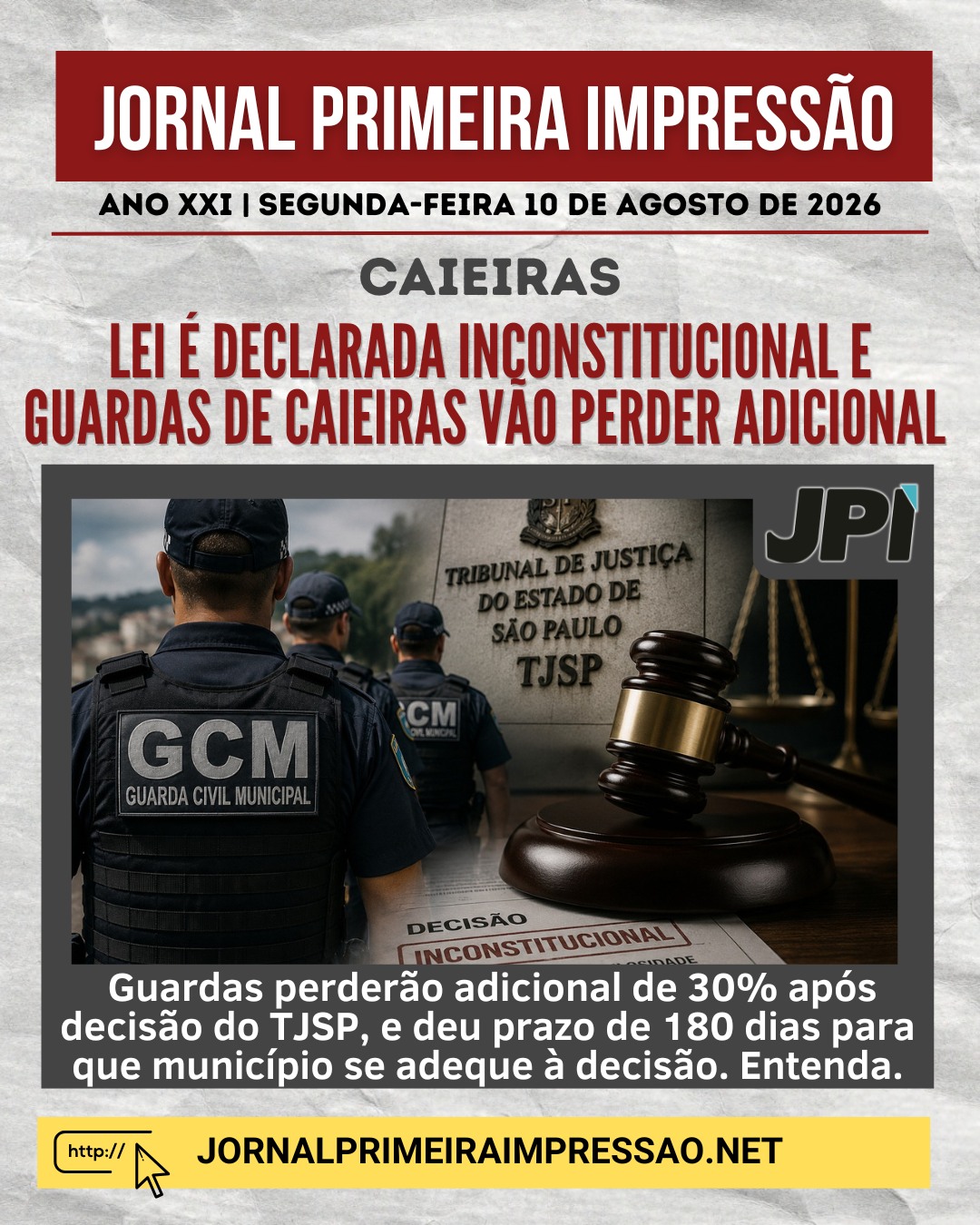 O TJSP declarou inconstitucional o dispositivo da lei de Caieiras que garante o adicional de periculosidade de 30% aos integrantes da Guarda Civil Municipal.
A decisão não significa corte imediato: o Tribunal concedeu 180 dias para que o município se adeque ao julgamento. Mas, terminado esse prazo, a lei que hoje sustenta o pagamento não poderá continuar produzindo efeitos da mesma forma.
Segundo o TJSP, o problema está na forma como os 30% foram criados: de maneira genérica, pelo risco inerente à própria função, sem definir situações excepcionais que justificassem o adicional.
Agora, a questão deixa de ser apenas jurídica e passa a atingir diretamente os homens e mulheres que estão diariamente nas ruas protegendo a população.
A lei foi declarada inconstitucional. O prazo começou a correr. E a pergunta é uma só: o que a Prefeitura fará para evitar que os guardas sofram uma perda significativa em sua renda?
📲 Leia a matéria completa no Jornal Primeira Impressão.