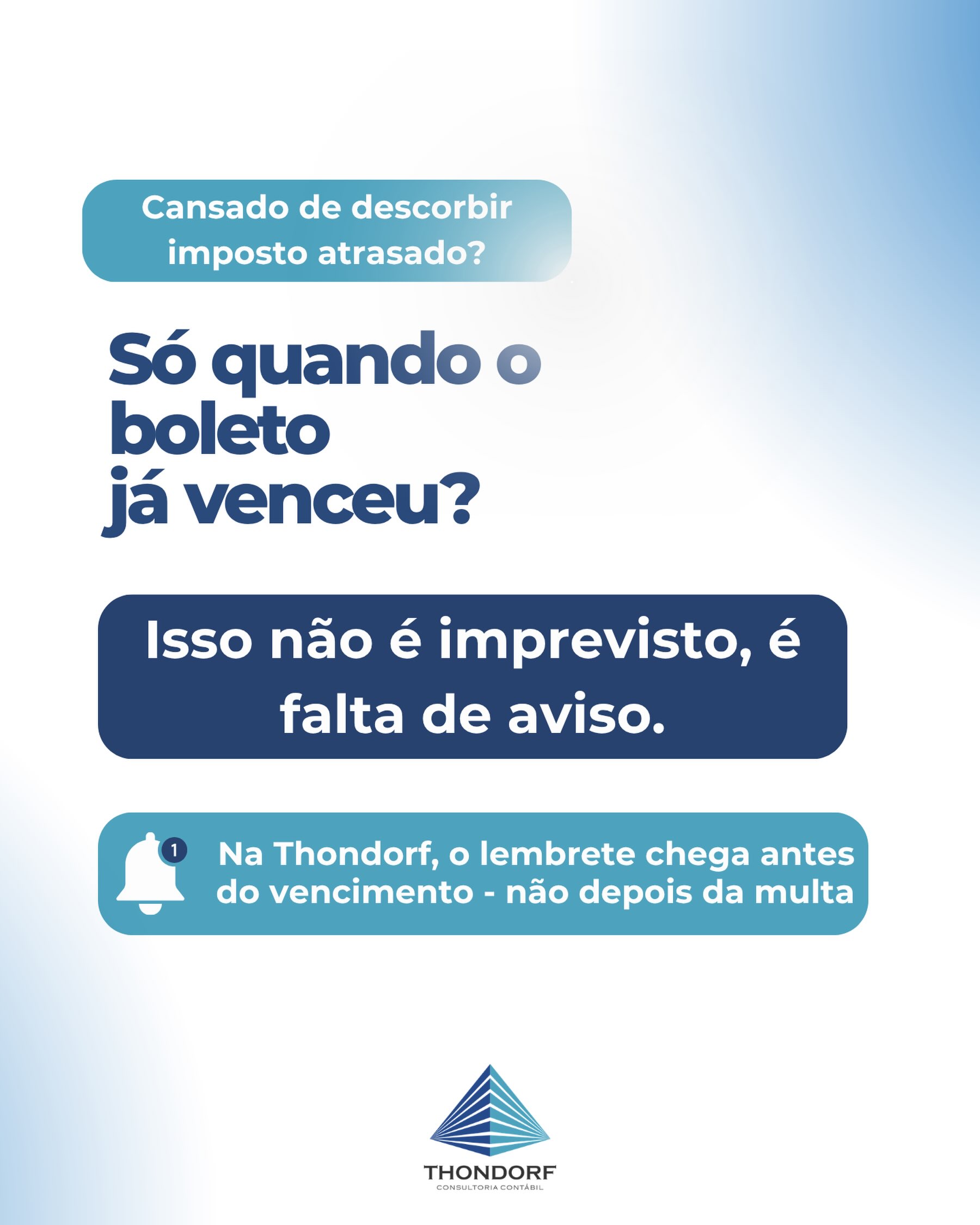Descobrir um imposto atrasado só quando o boleto vence não deveria fazer parte da rotina da sua empresa. Uma gestão contábil eficiente vai além de cumprir obrigações: ela antecipa prazos, organiza processos e mantém você informado para evitar multas, juros e dores de cabeça.
Na Thondorf, acreditamos que prevenir é sempre melhor do que remediar. Por isso, acompanhamos cada etapa da sua rotina fiscal para que você tenha mais tranquilidade e segurança na gestão do seu negócio.
📲 Chega de surpresas. Conte com quem cuida da sua empresa antes que os problemas apareçam.
#Thondorf #ContabilidadeComConfiança #GestãoFiscal #PlanejamentoTributário #Contabilidade
Empreendedorismo GestãoEmpresarial PMEs